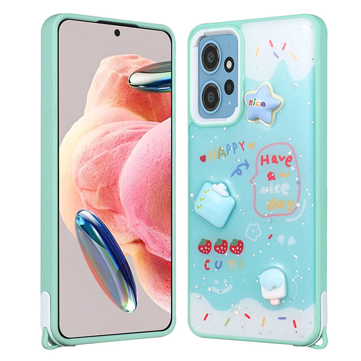 Xiaomi Redmi Note 12 4G Kılıf Parlayan Sıvılı Simli Kabartma Figürlü Zore Cevze Kapak-Yeşil
