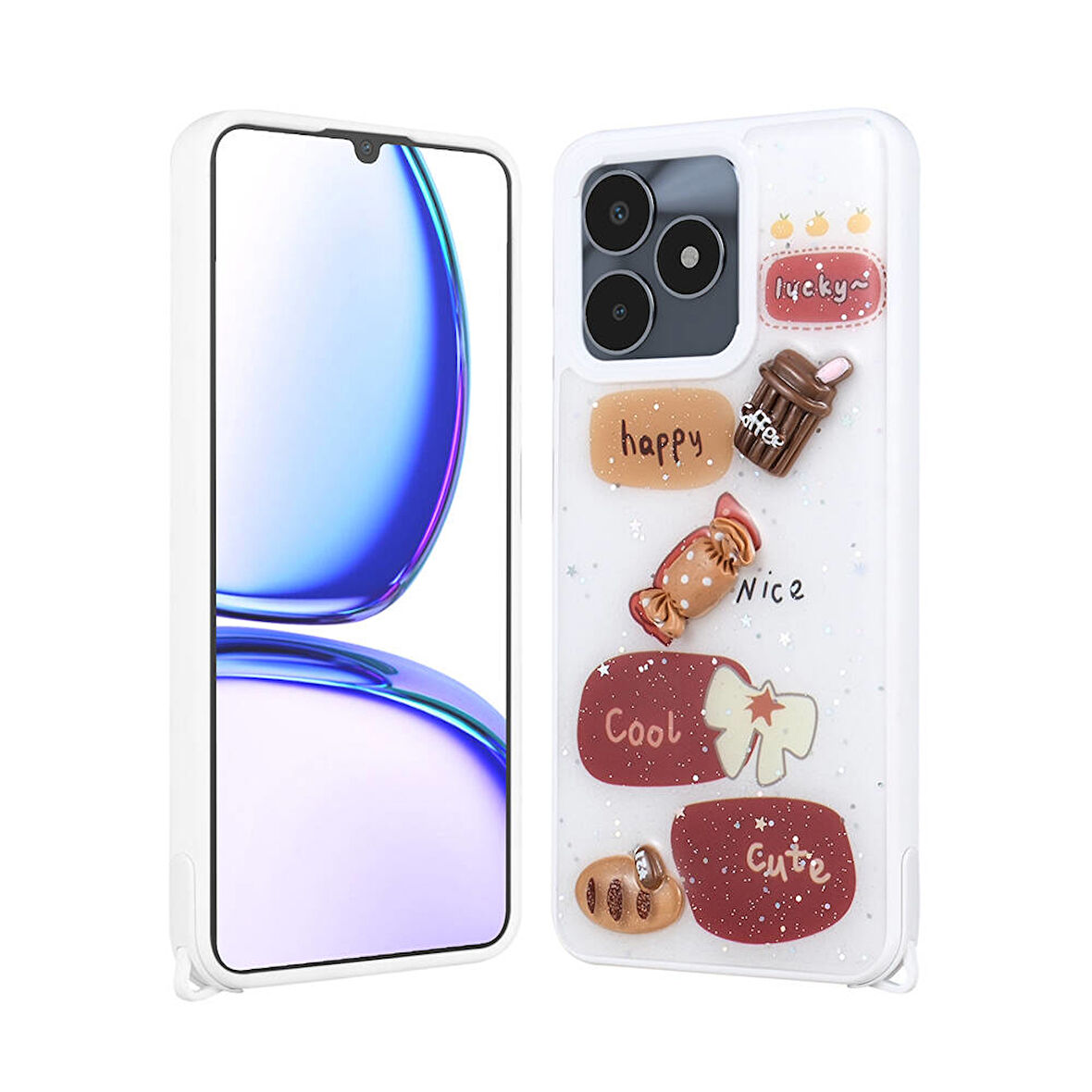 Realme C53 4G Kılıf Parlayan Sıvılı Simli Kabartma Figürlü Zore Cevze Kapak-Beyaz