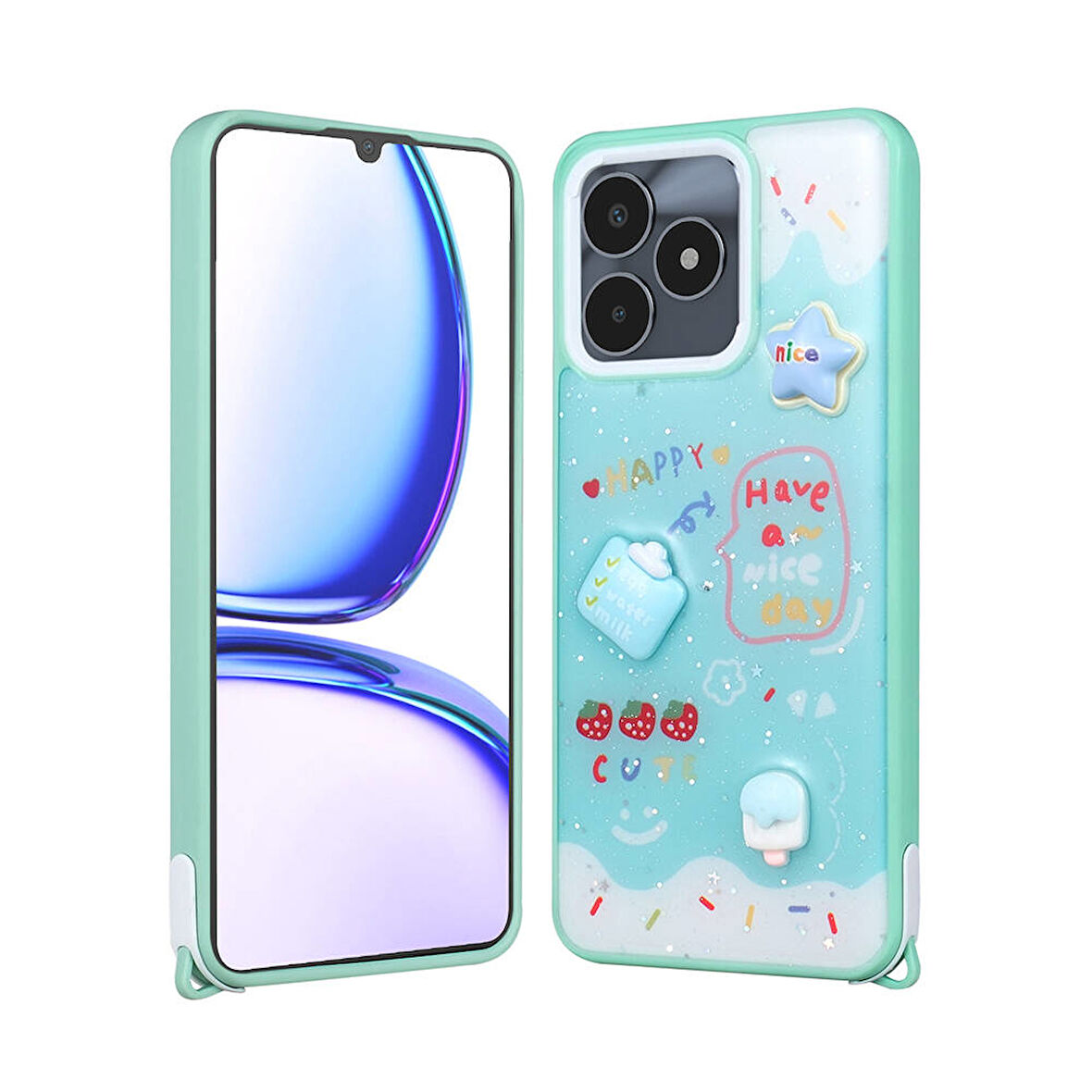 Realme C53 4G Kılıf Parlayan Sıvılı Simli Kabartma Figürlü Zore Cevze Kapak-Yeşil