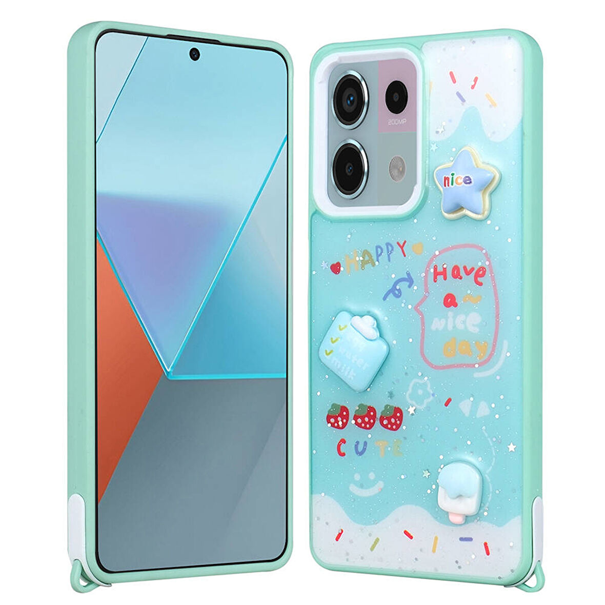 Xiaomi Redmi Note 13 Pro 5G Kılıf Parlayan Sıvılı Simli Kabartma Figürlü Zore Cevze Kapak-Yeşil
