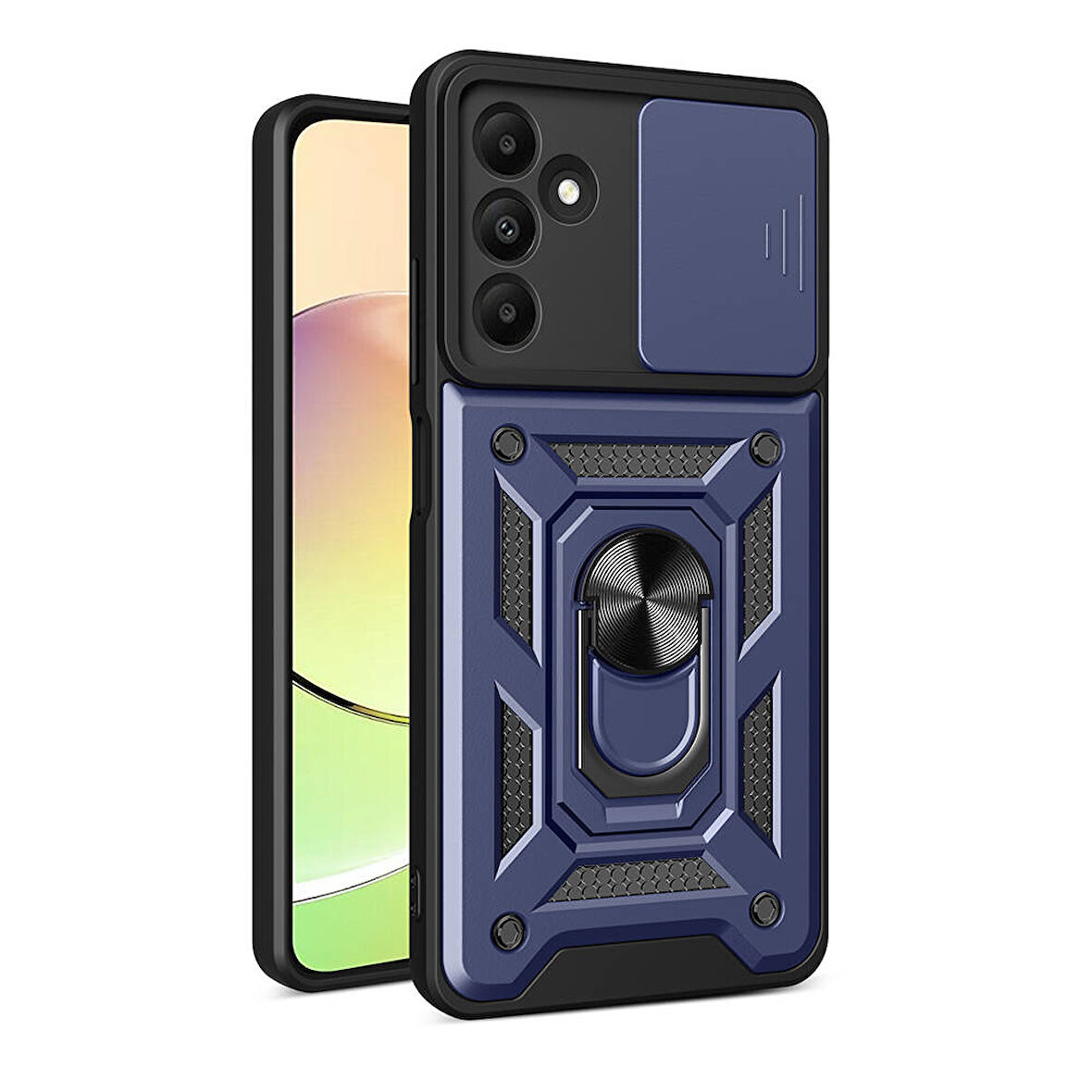 Galaxy A15 Kılıf Magnetik Standlı Kamera Korumalı Zore Sürgülü Vega Kapak-Mavi