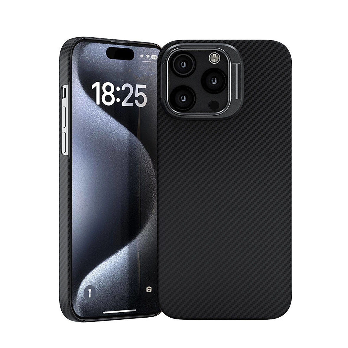 iPhone 15 Pro Max Zore Magsafe Şarj Özellikli 600D Kevlar Zore Krek Karbon Standlı Kılıf-Siyah