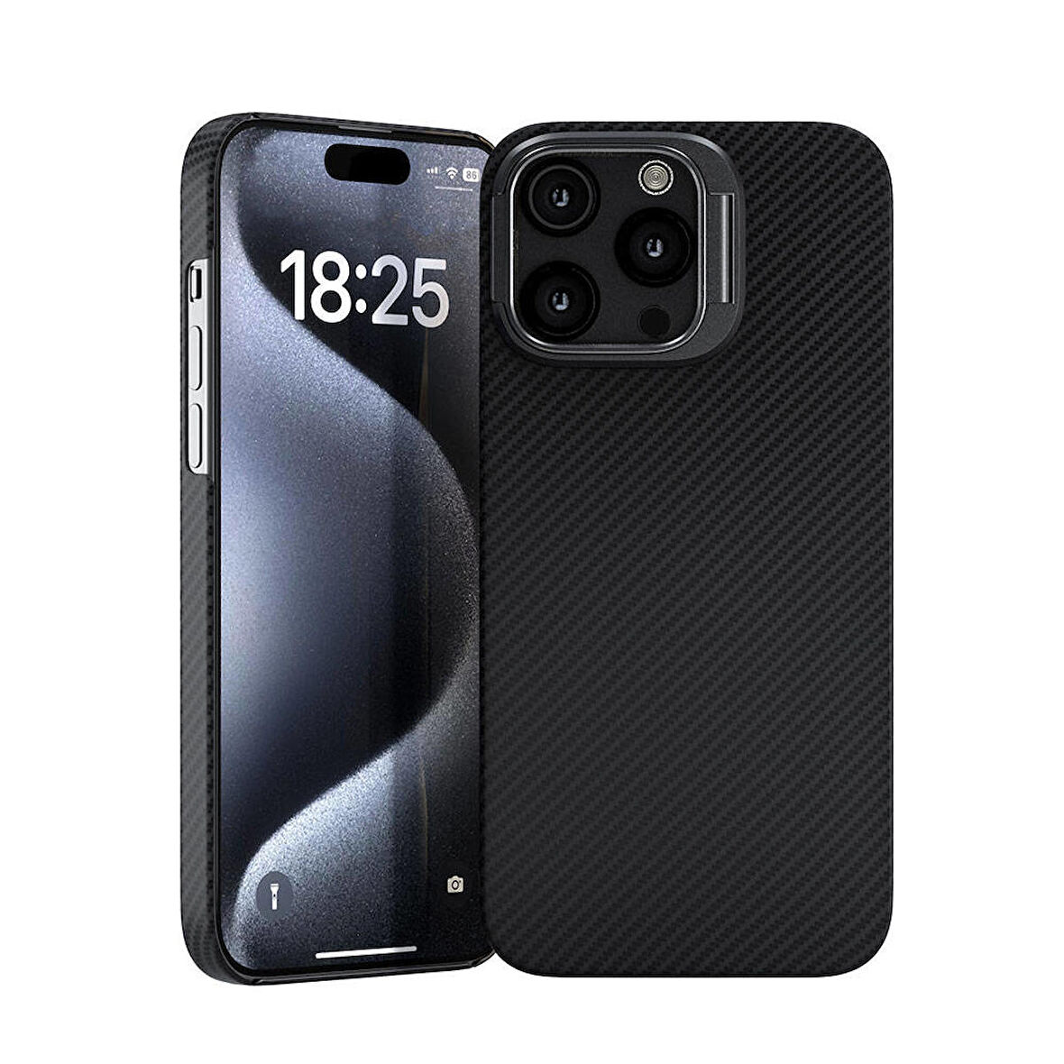 iPhone 15 Pro Max Uyumlu Zore Magsafe Şarj Özellikli 600D Kevlar Zore Krek Karbon Standlı Kapak-Siyah