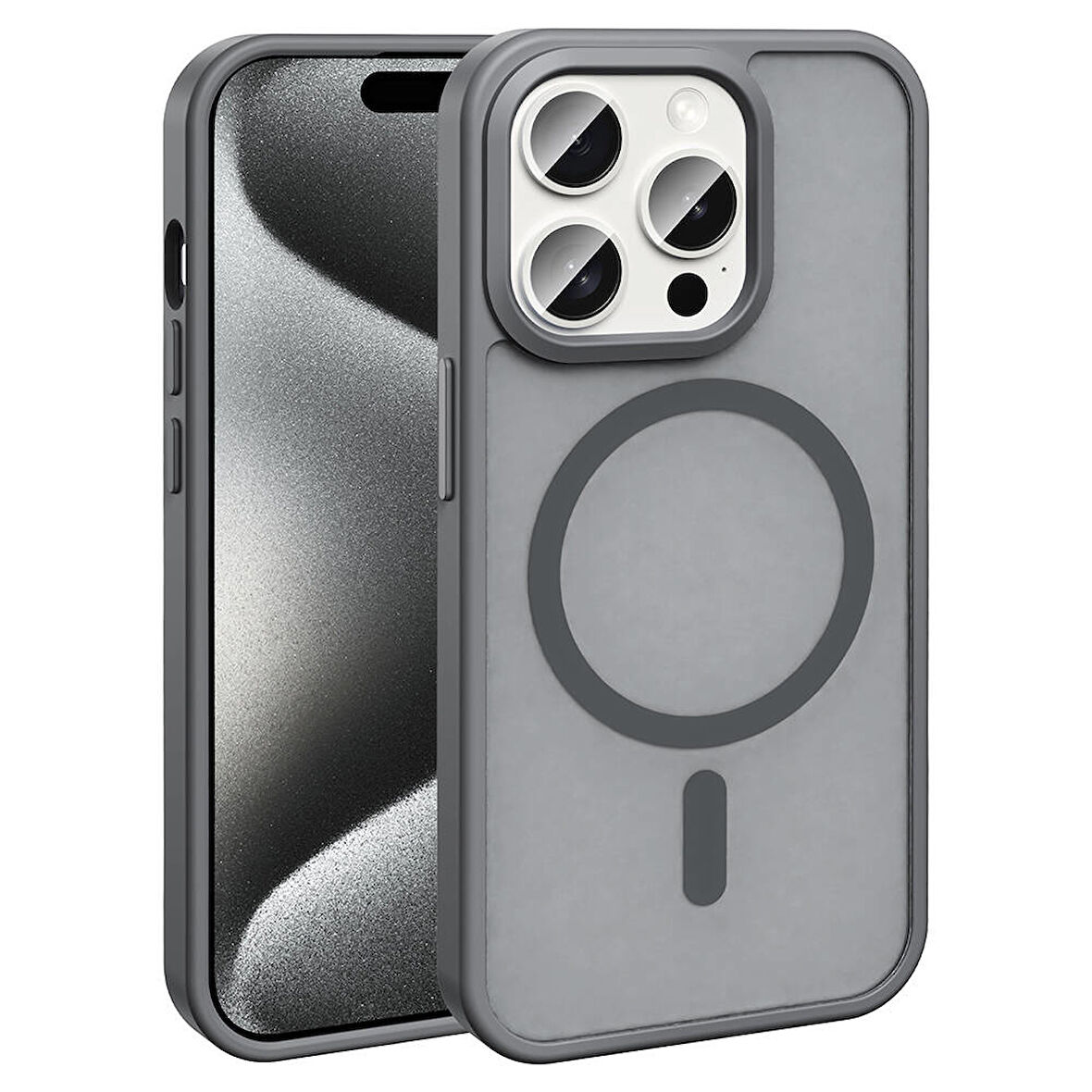 iPhone 15 Pro Max Kılıf Magsafe Şarj Özellikli Mat Arka Yüzey Zore Sio Kapak-Gri