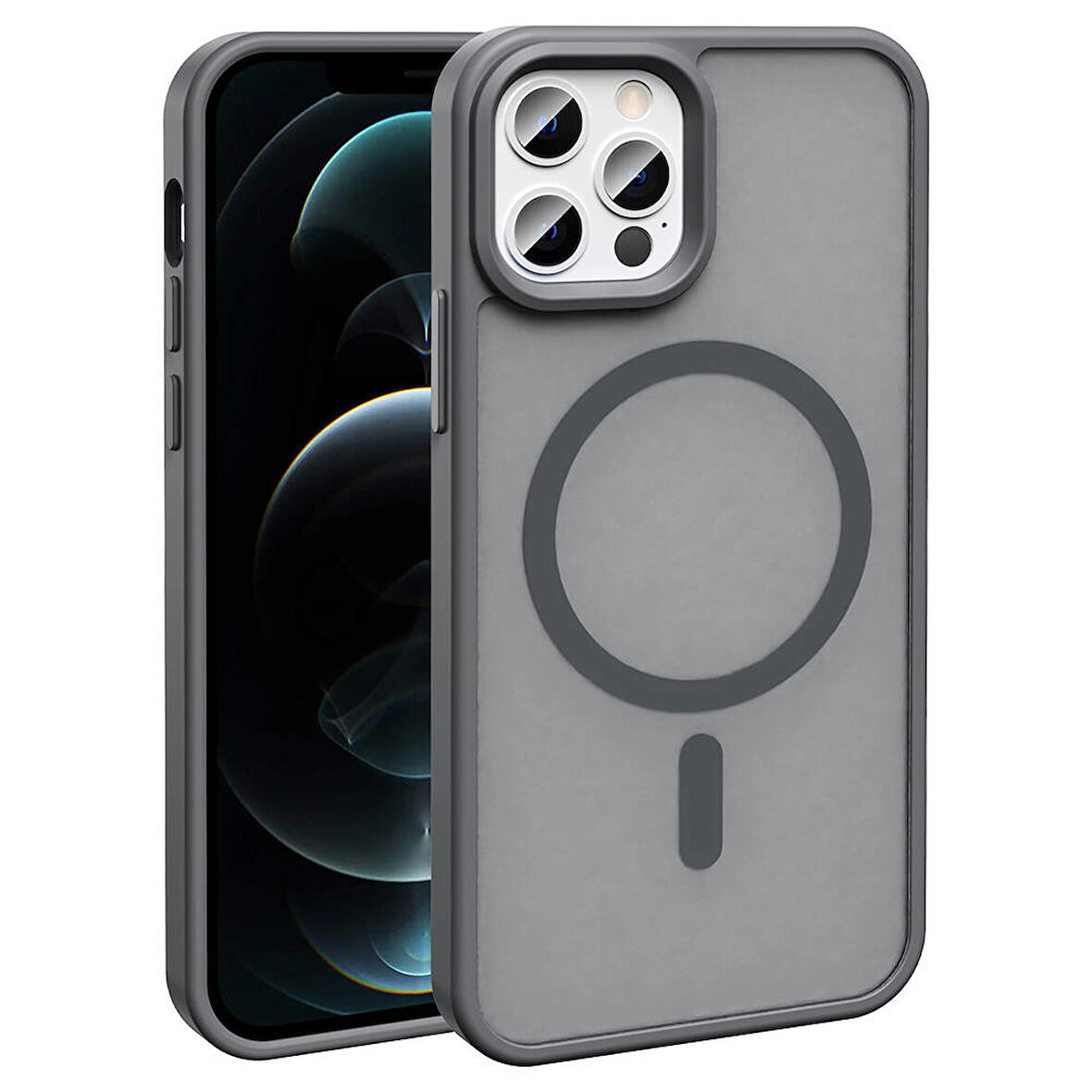 iPhone 12 Pro Kılıf Magsafe Şarj Özellikli Mat Arka Yüzey Zore Sio Kapak-Gri