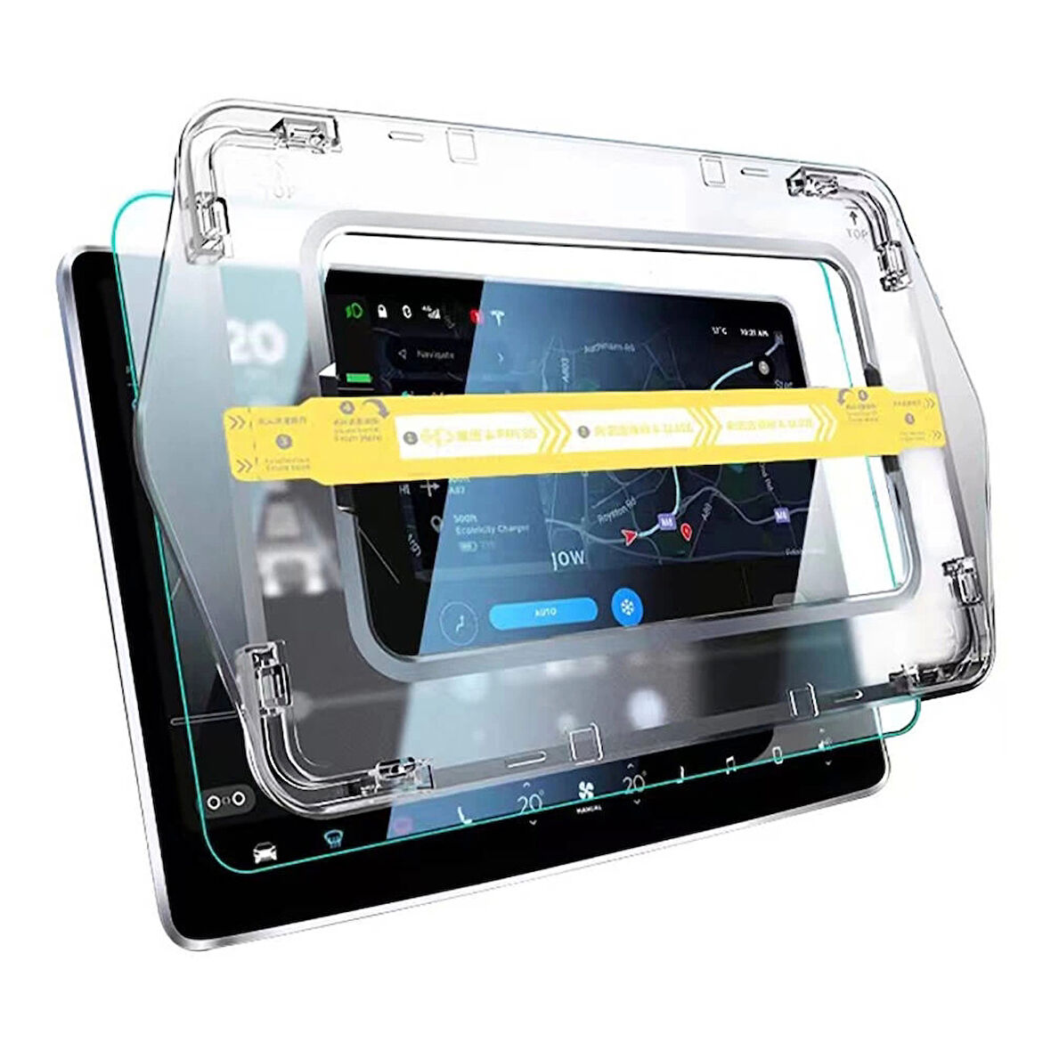 Tesla Model S Araç Multimedya Ekran Koruyucu AR Oleofobik Uygulama Aparatlı Zore Premium Temperli Cam Ekran Koruyucu - Şeffaf