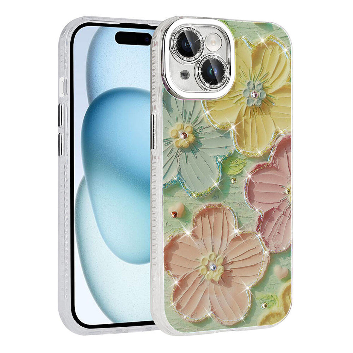Apple iPhone 15 Kılıf Çiçek Desenli Parlak Taşlı Sert Silikon Zore Garden Kapak-Colorful