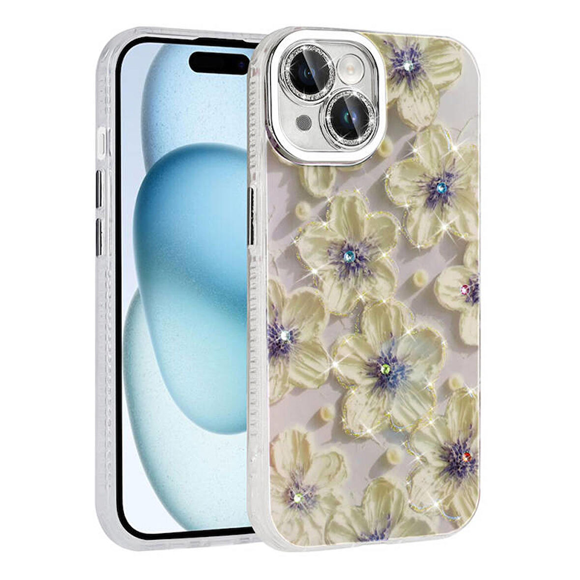 Apple iPhone 15 Uyumlu Kılıf Hepaks Çiçek Desenli Parlak Taşlı Sert Silikon Garden Kapak