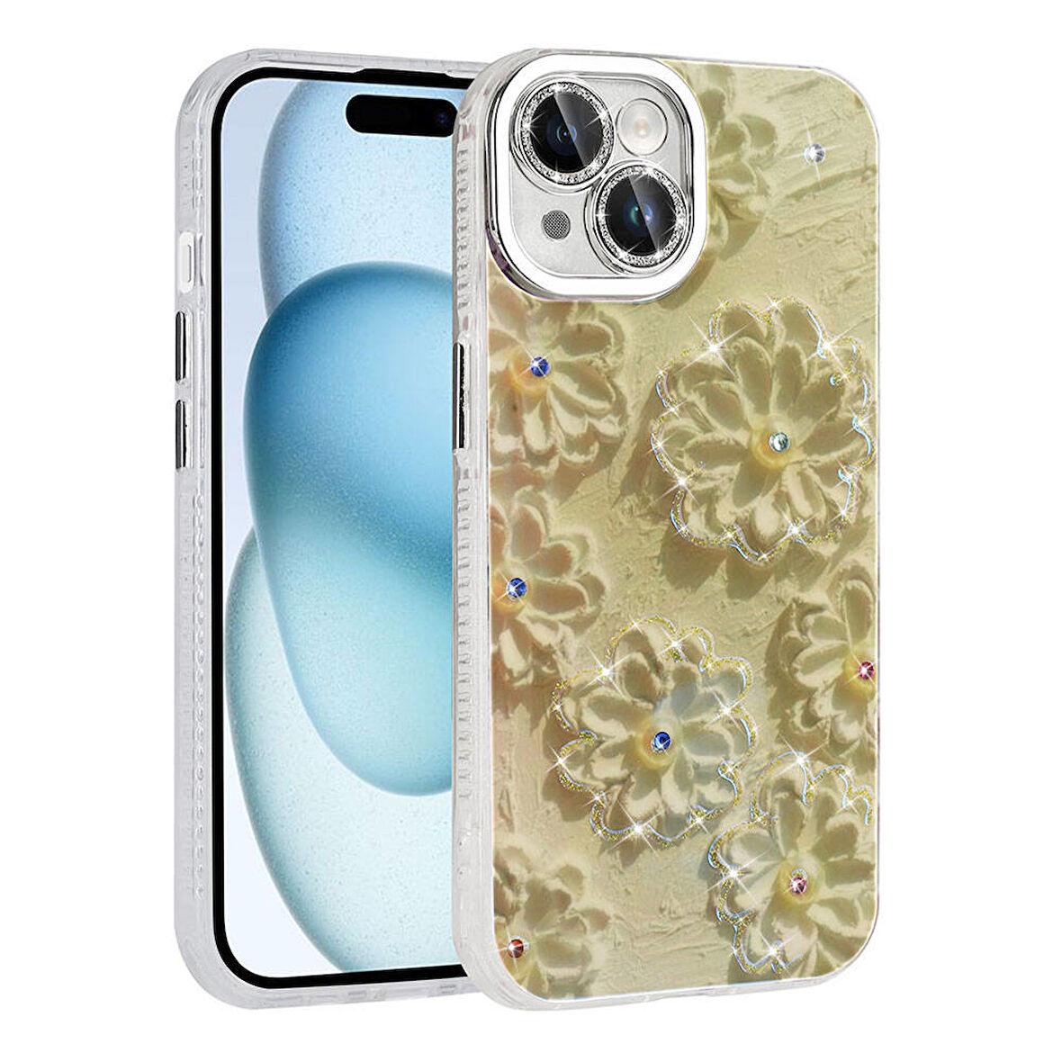 Apple iPhone 15 Kılıf Çiçek Desenli Parlak Taşlı Sert Silikon Zore Garden Kapak-Beyaz