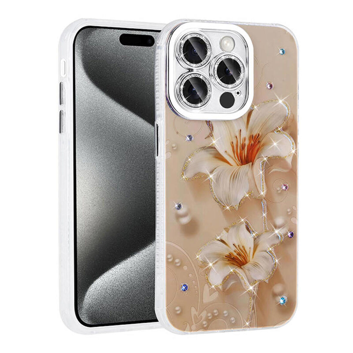 Apple iPhone 15 Pro Max Uyumlu Kılıf Hepaks Çiçek Desenli Parlak Taşlı Sert Silikon Garden Kapak