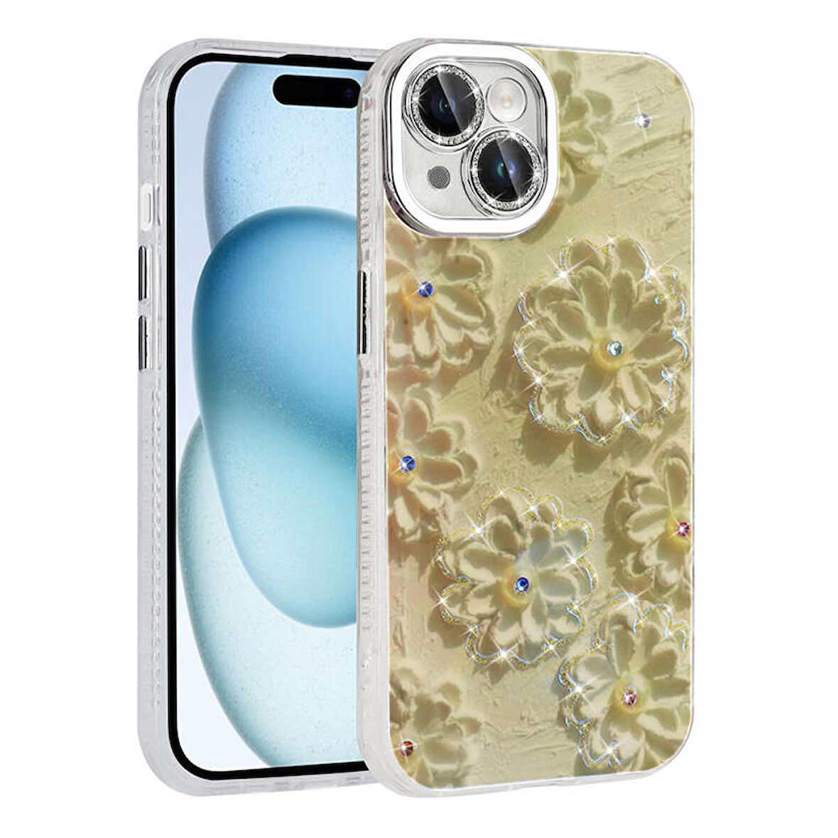 Apple iPhone 14 Uyumlu Kılıf Hepaks Çiçek Desenli Parlak Taşlı Sert Silikon Garden Kapak