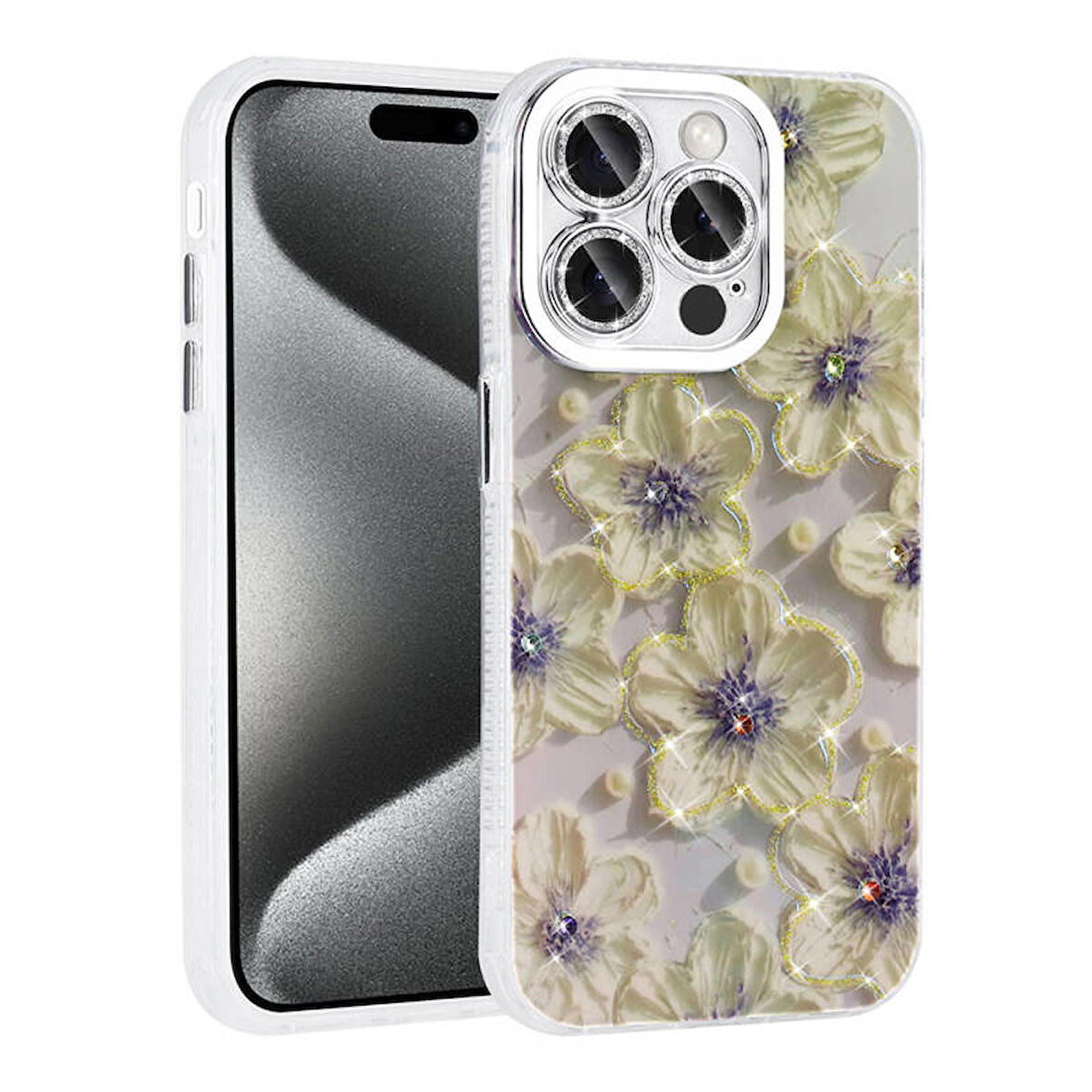 Apple iPhone 14 Pro Max Uyumlu Kılıf Hepaks Çiçek Desenli Parlak Taşlı Sert Silikon Garden Kapak
