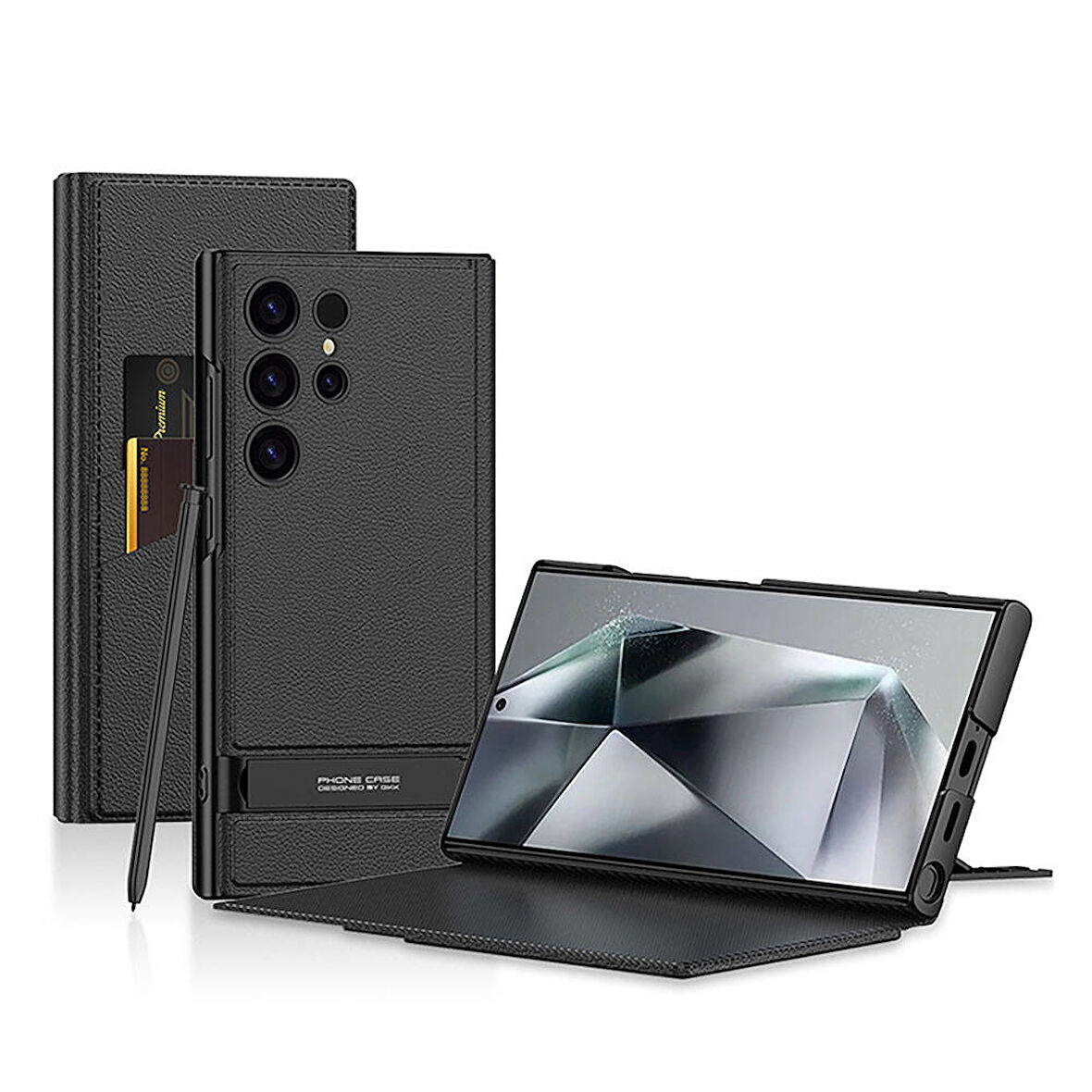 Galaxy S24 Ultra Kılıf Kamera Korumalı Suni Deri Tasarım Zore Droga Standlı Kartlıklı Kapaklı Kılıf-