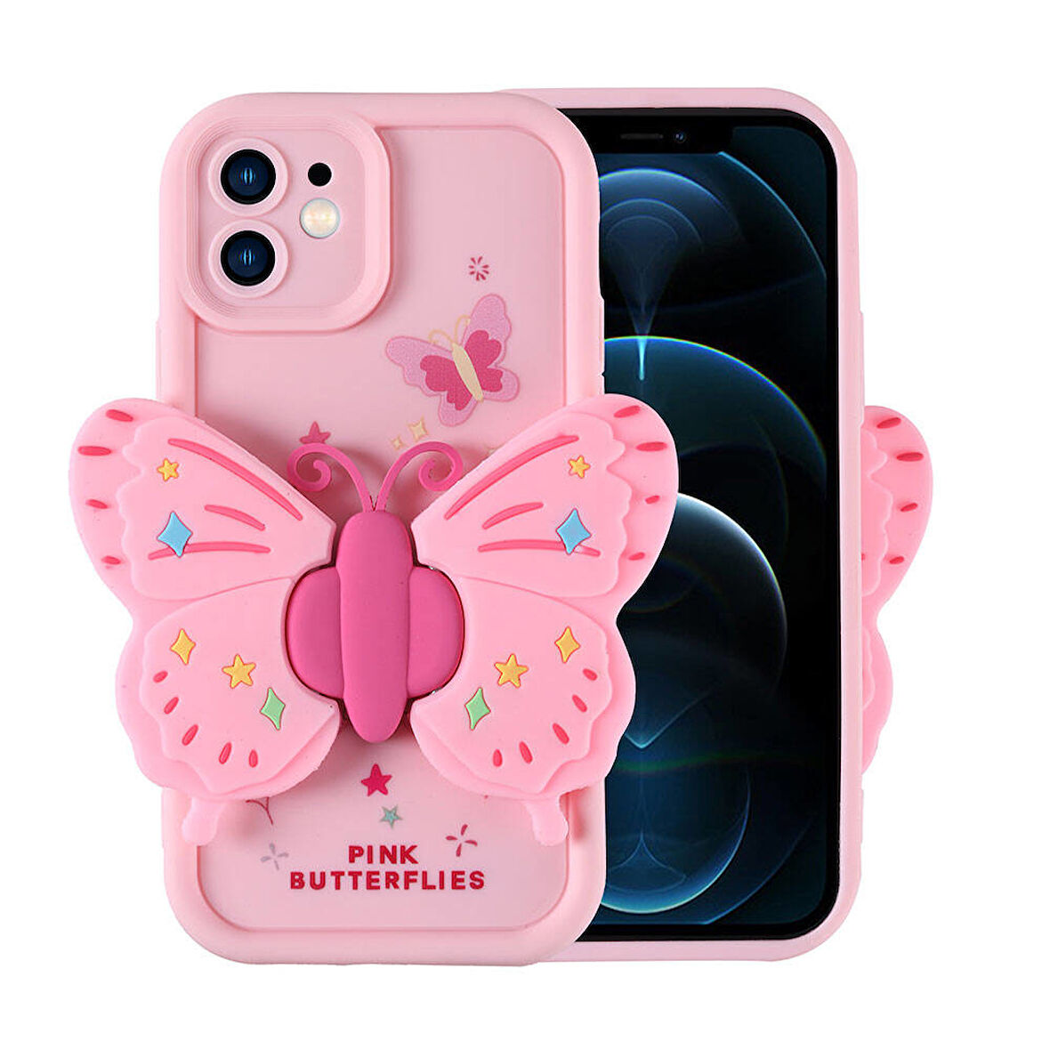 iPhone 12 Kılıf Kamera Korumalı Figür Tasarımlı Zore Kapya Kapak-Pembe Açık