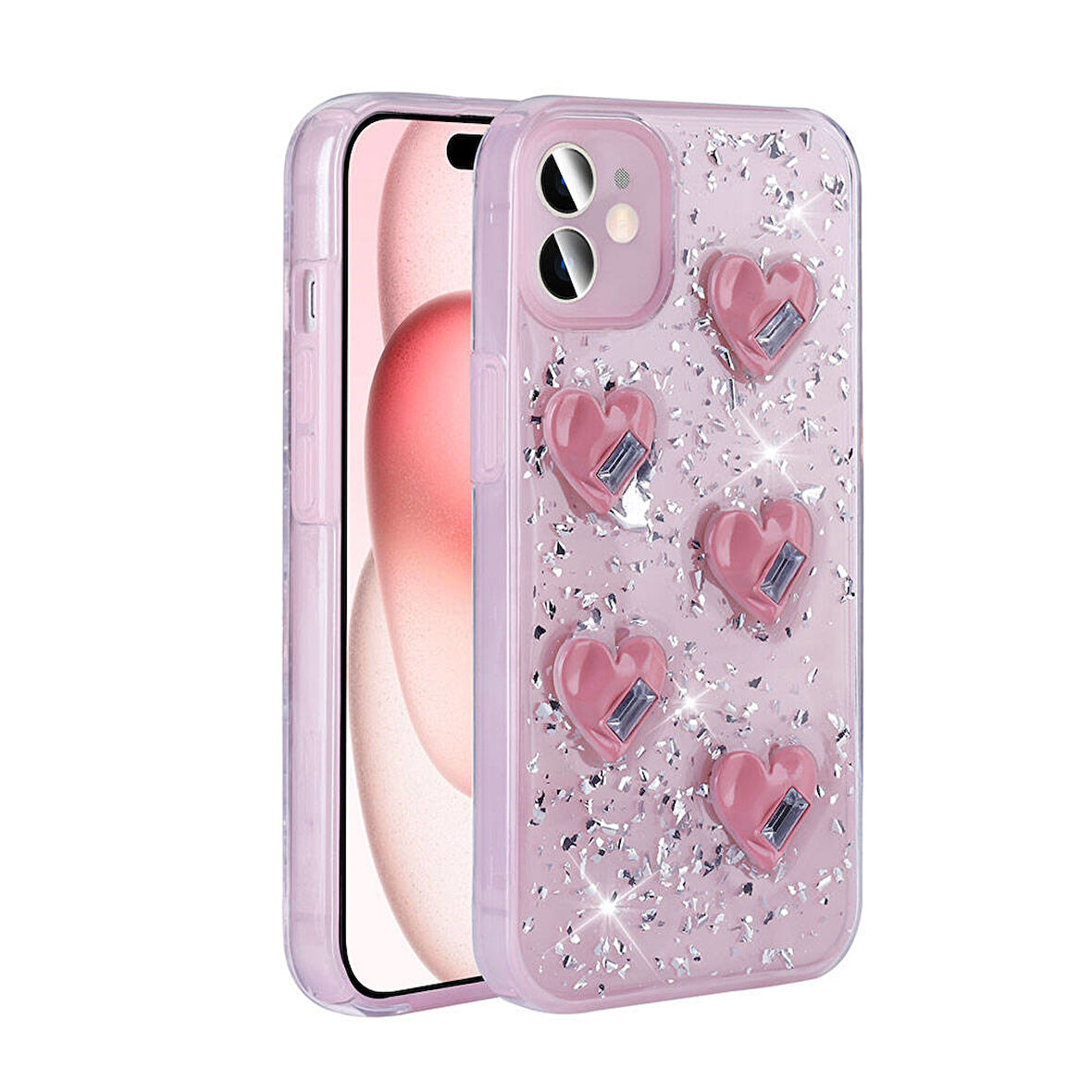 Apple iPhone 13 Kılıf Airbagli Simli Arka Yüzey Zore Işıltı Silikon Kapak-Pembe