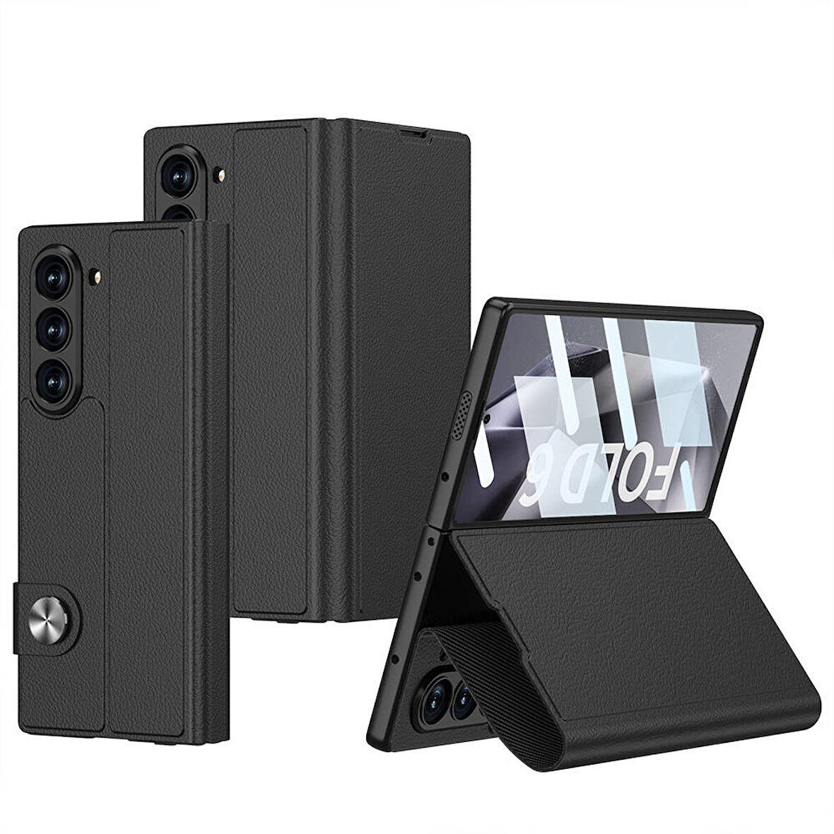 Galaxy Z Fold 6 Kılıf Suni Deri Tasarımlı Magnetik Tokalı ve Kartlıklı Zore Kıpta Zegna Kapak-Siyah