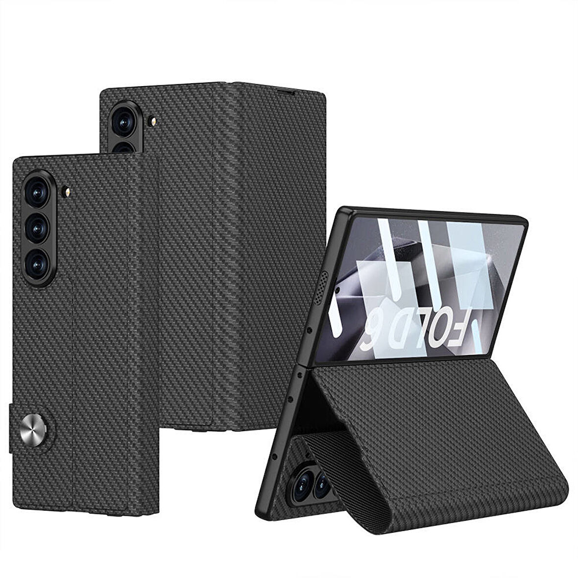 Galaxy Z Fold 6 Kılıf Karbon Fiber Tasarımlı Magnetik Tokalı Kartlıklı Zore Kıpta Zegna Kapak-Siyah