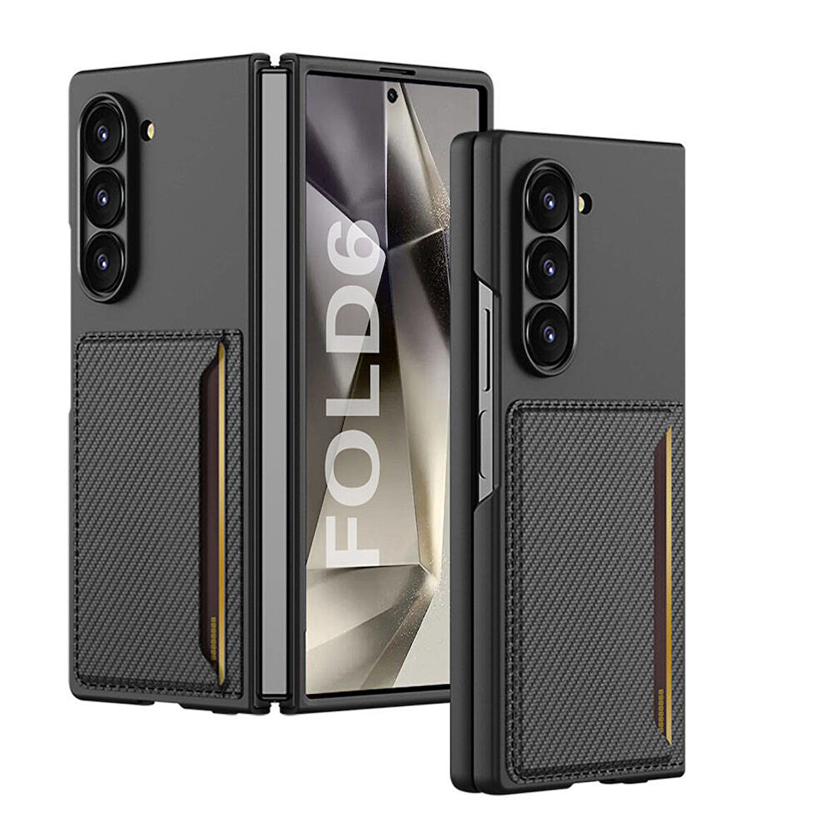 Galaxy Z Fold 6 Karbonfiber Arka Yüzey Zore Kartlıklı Z-Kart Kıpta Sert Kapak-Siyah