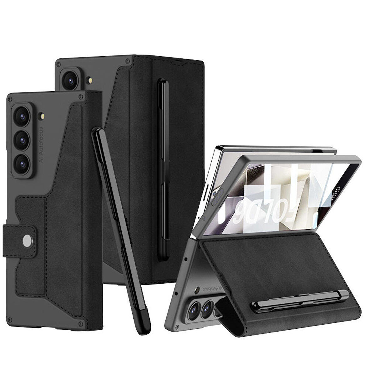 Galaxy Z Fold 6 Kılıf Kamera Korumalı Kadife Tasarımlı Ensueno Kıpta Kalemli Fest Kapak-Siyah