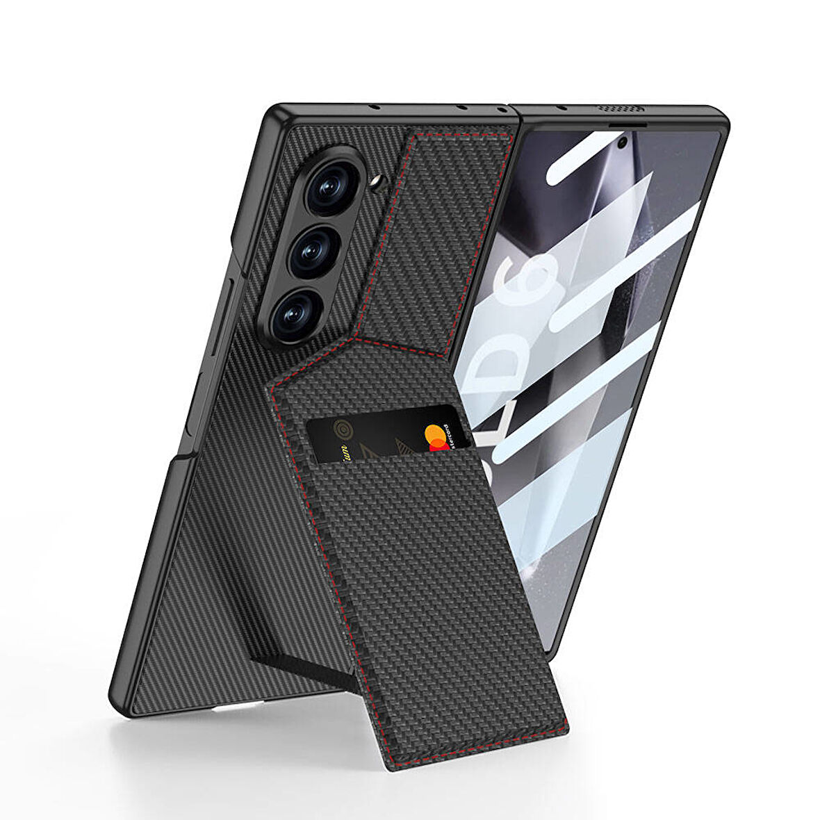 Galaxy Z Fold 6 Kılıf Karbon Fiber Kartlıklı Zore Kıpta Dik Açılan Kartlıklı Kapak-Siyah