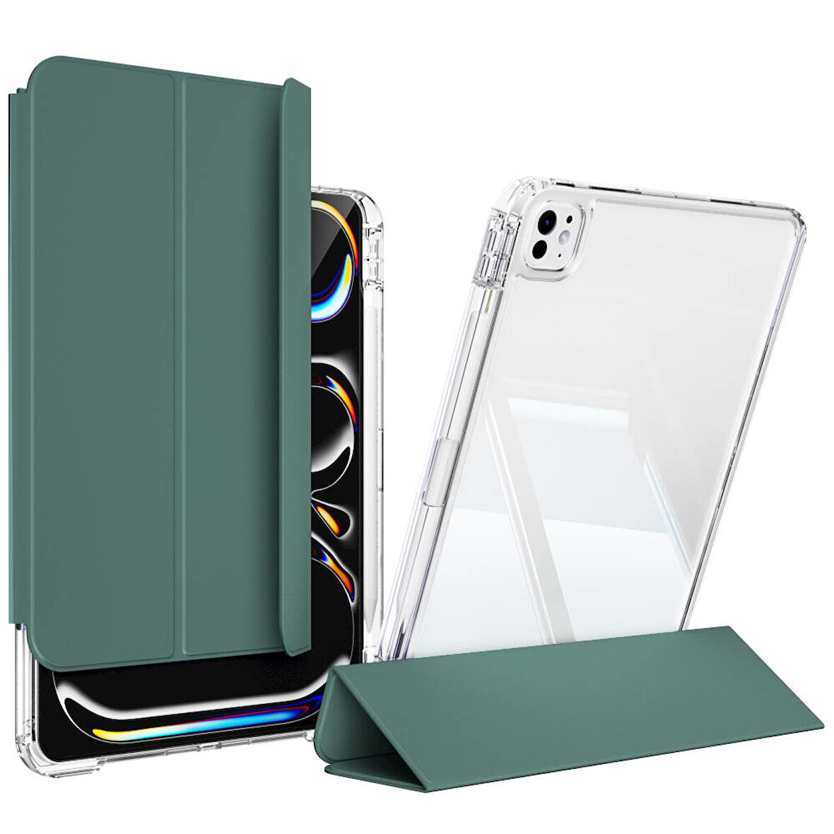 ​​iPad Pro 13 2024 Kılıf Magnetik Ayrılabilen Airbagli ​EFFX Sliding Tablet Kılıfı - Koyu Yeşil
