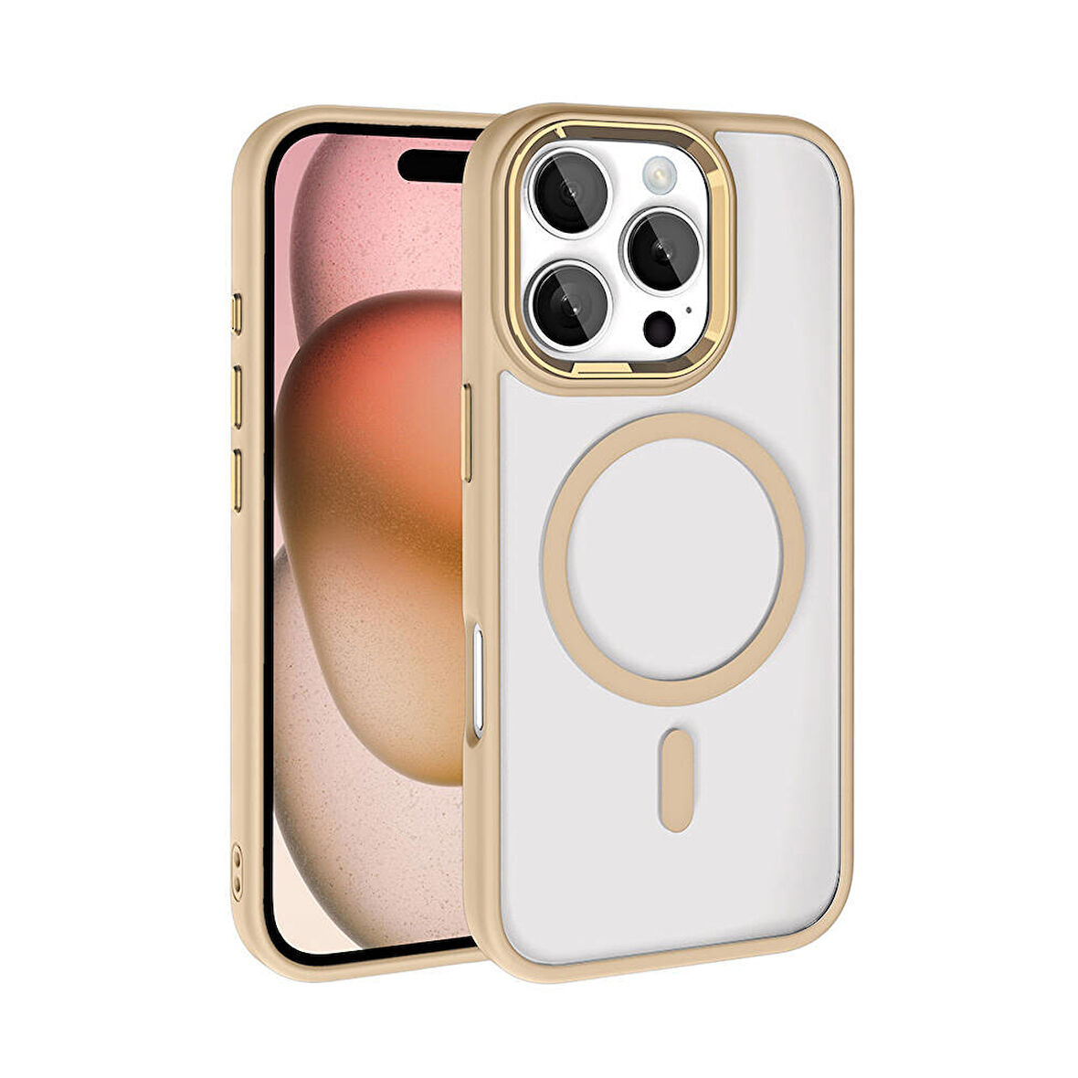 Apple iPhone 16 Pro Kılıf Wireless Şarj Özellikli Ensueno Krom Magsafe Silikon Kapak-Gold