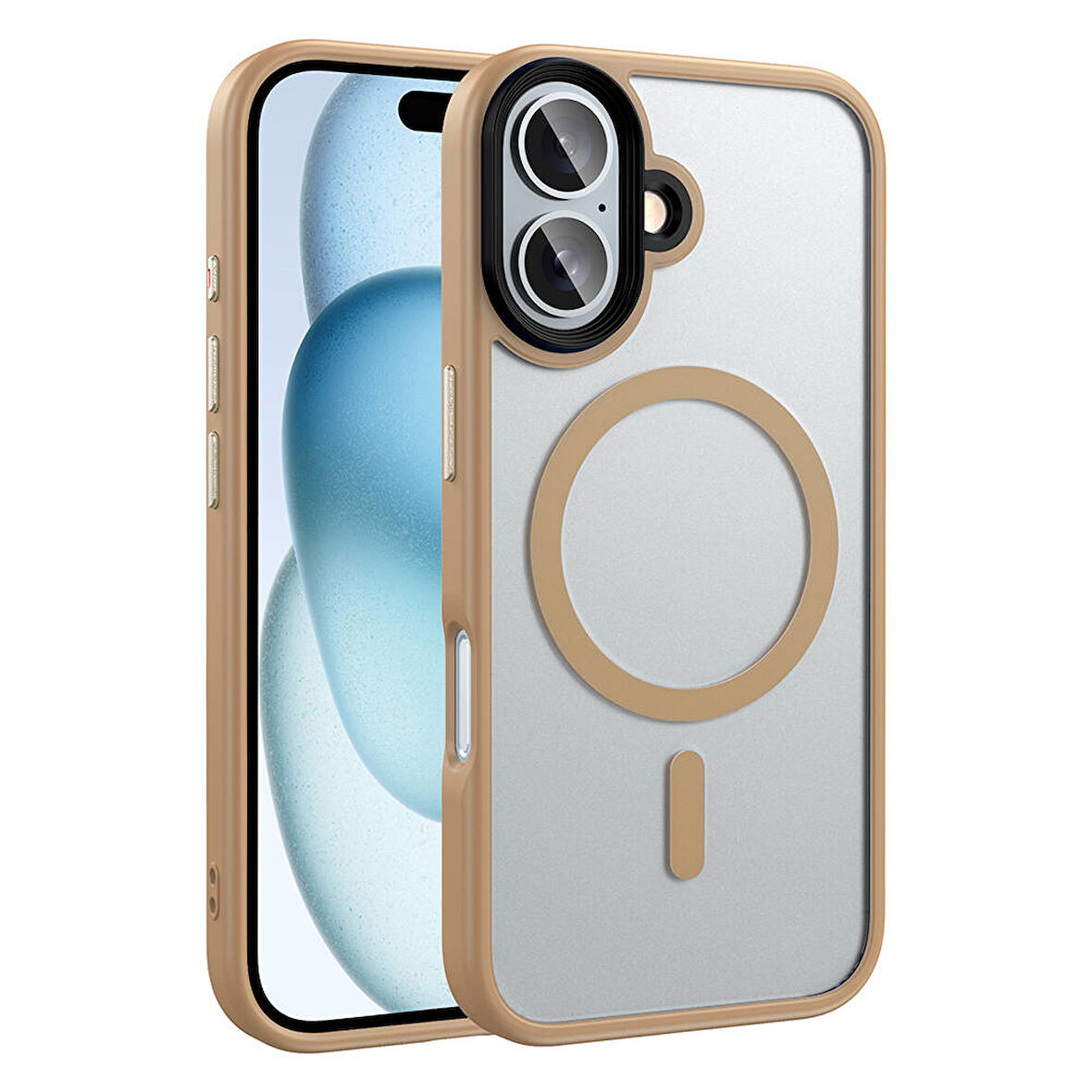 Apple iPhone 16 Plus Kılıf Mat Arka Yüzey Wireless Şarj Özellikli Zore Flet Magsafe Kapak-Bej Gold