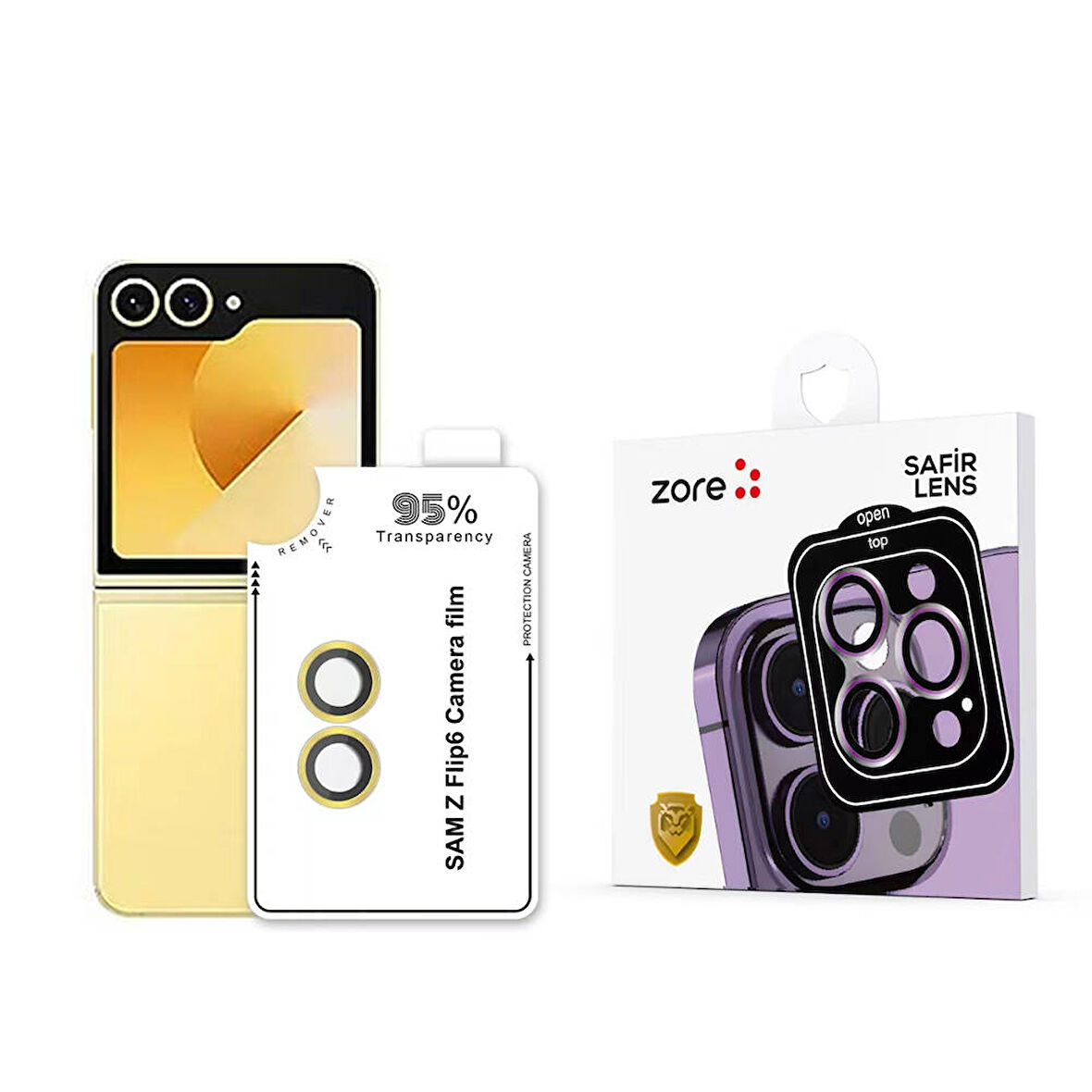 Galaxy Z Flip 6 Zore CL-11 Safir Parmak İzi Bırakmayan Anti-Reflective Kamera Lens Koruyucu-Sarı
