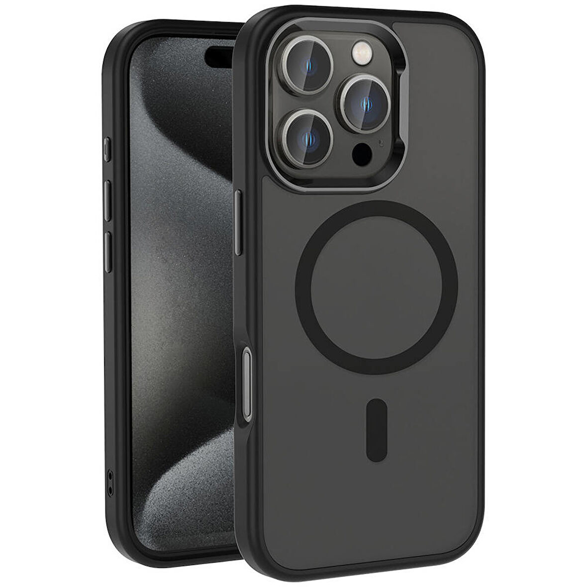 Apple Uyumlu iPhone 16 Pro Max Kılıf Magsafe Şarj Özellikli Parlak Kamera Çerçeveli Zore Kost Kapak-Siyah