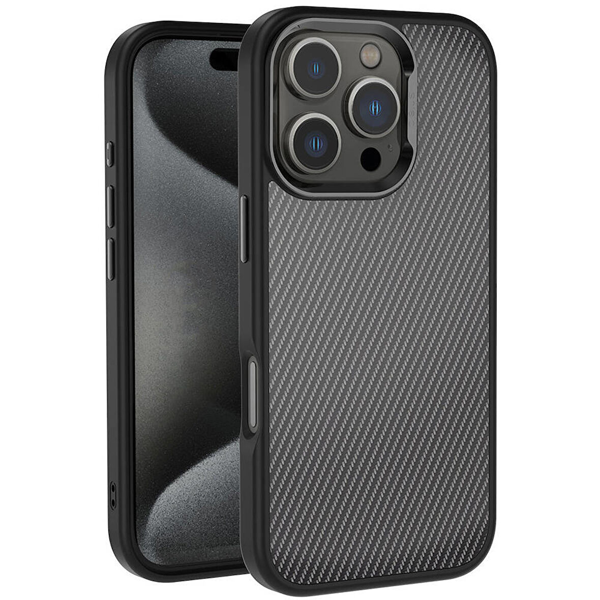 Apple iPhone 16 Pro Max Kılıf Karbon Fiber Görünümlü Parlak Kamera Çerçeveli Zore Venus Kapak-Siyah