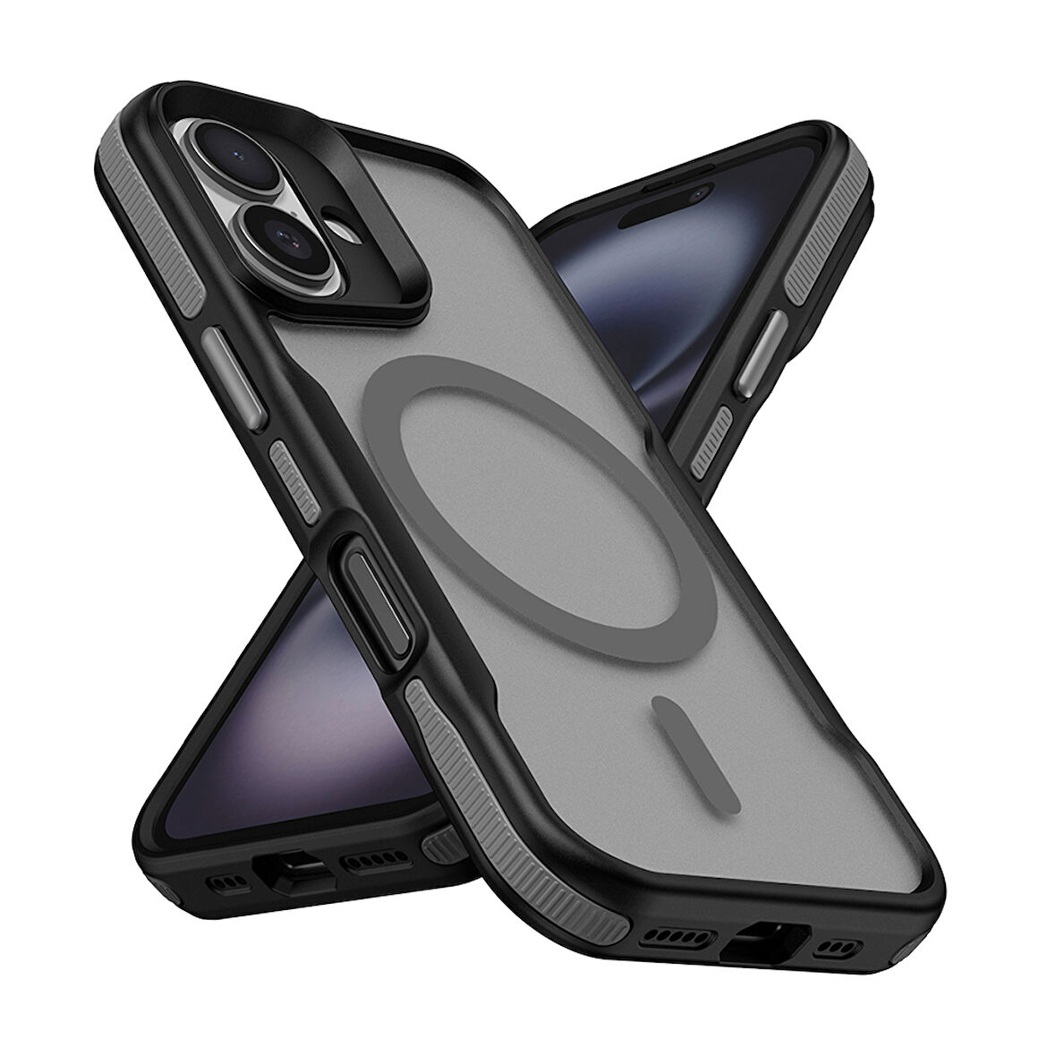 iPhone 16 Uyumlu Magsafe Şarj Özellikli Renkli Kenar Airbag Şeritli Zore Lamer Kapak-Gri
