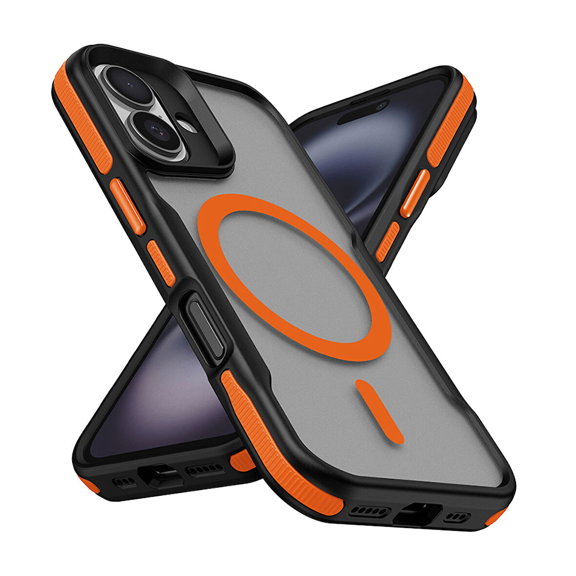 iPhone 16 Plus Uyumlu Magsafe Şarj Özellikli Renkli Kenar Airbag Şeritli Zore Lamer Kapak-Turuncu