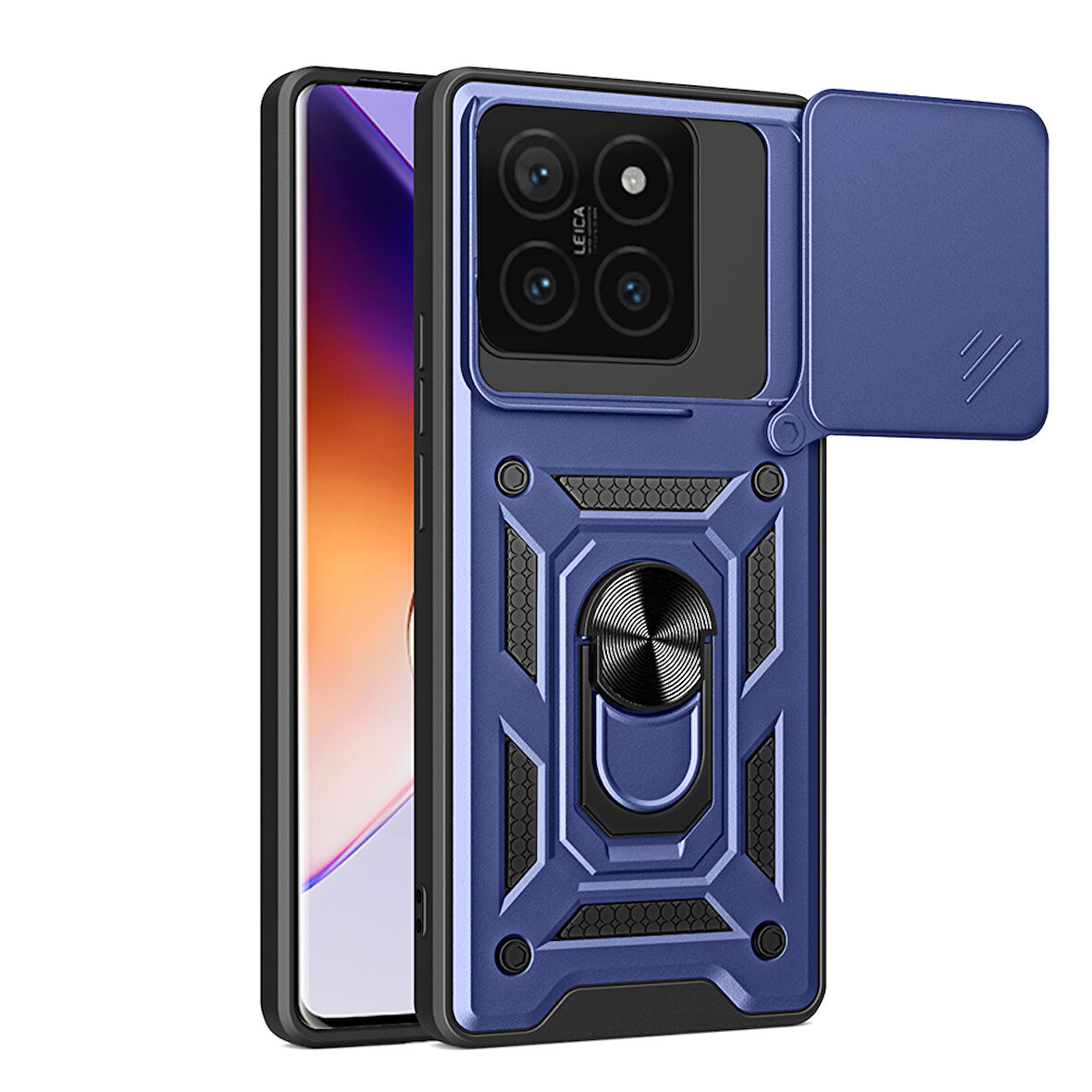 Xiaomi 14T Pro Uyumlu Kılıf Magnetik Standlı Kamera Korumalı Zore Sürgülü Vega Kapak-Mavi