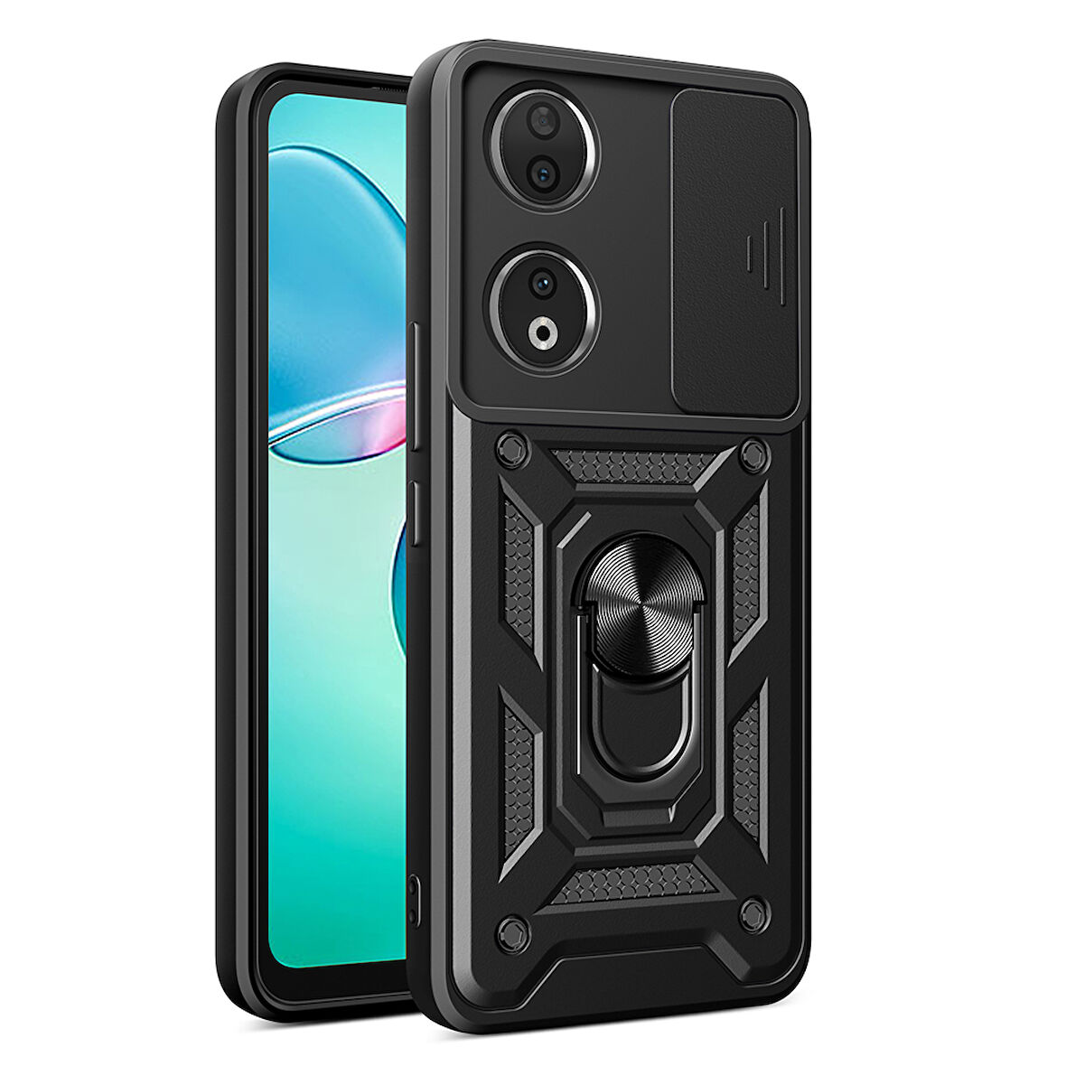 Honor 90 Uyumlu Kılıf Magnetik Standlı Kamera Korumalı Zore Sürgülü Vega Kapak-Siyah