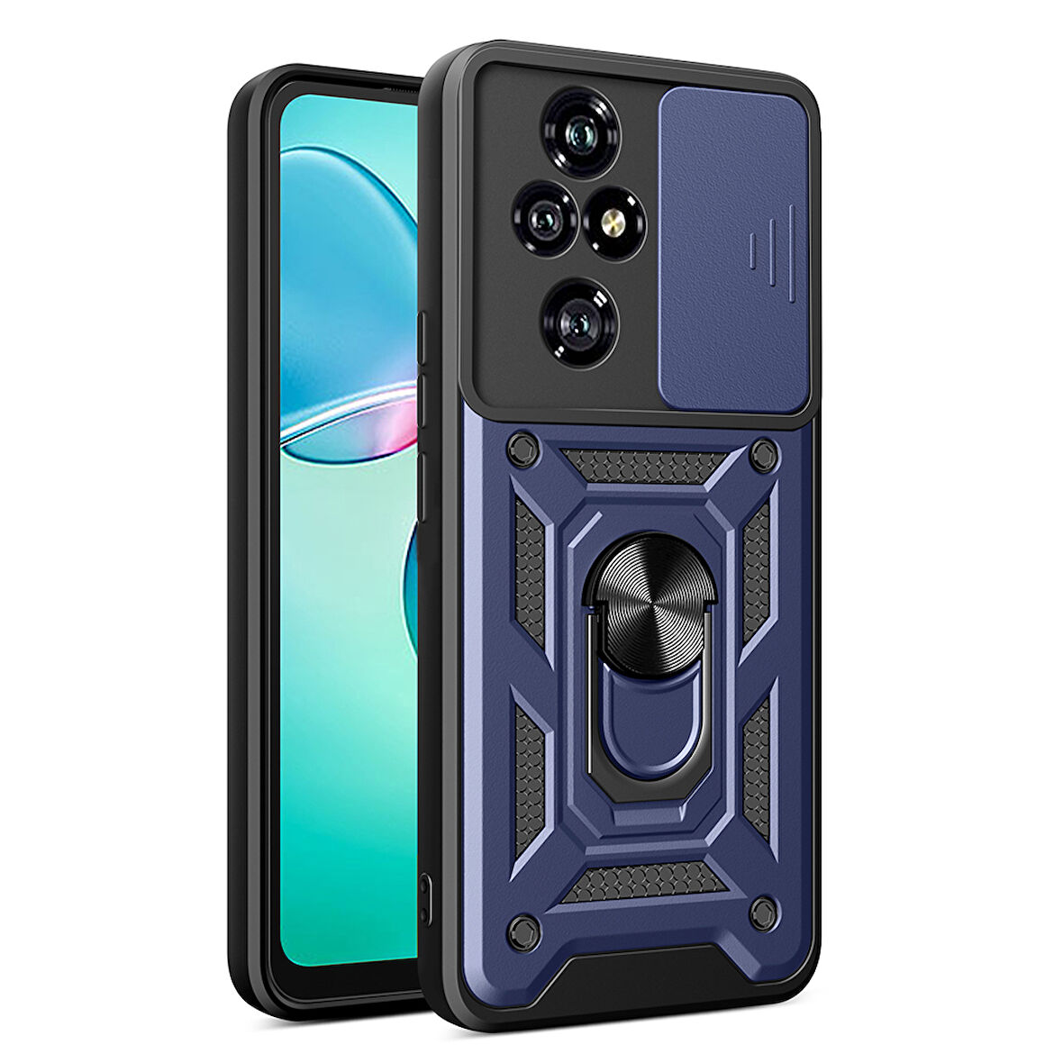 Honor 200 Pro Uyumlu Kılıf Magnetik Standlı Kamera Korumalı Zore Sürgülü Vega Kapak-Mavi