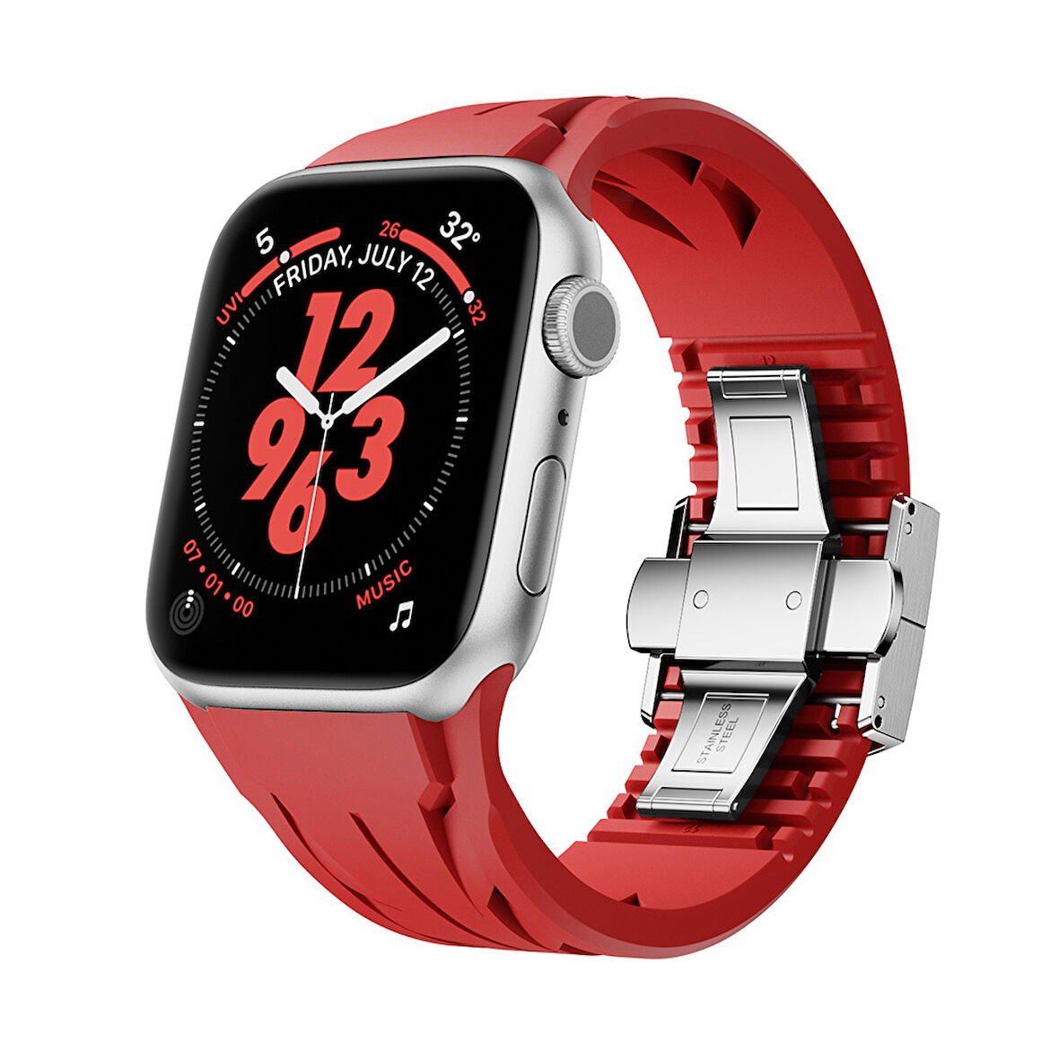 Apple Watch 7 45mm KRD-127 Metal Tokalı Silikon Kordon-Kırmızı