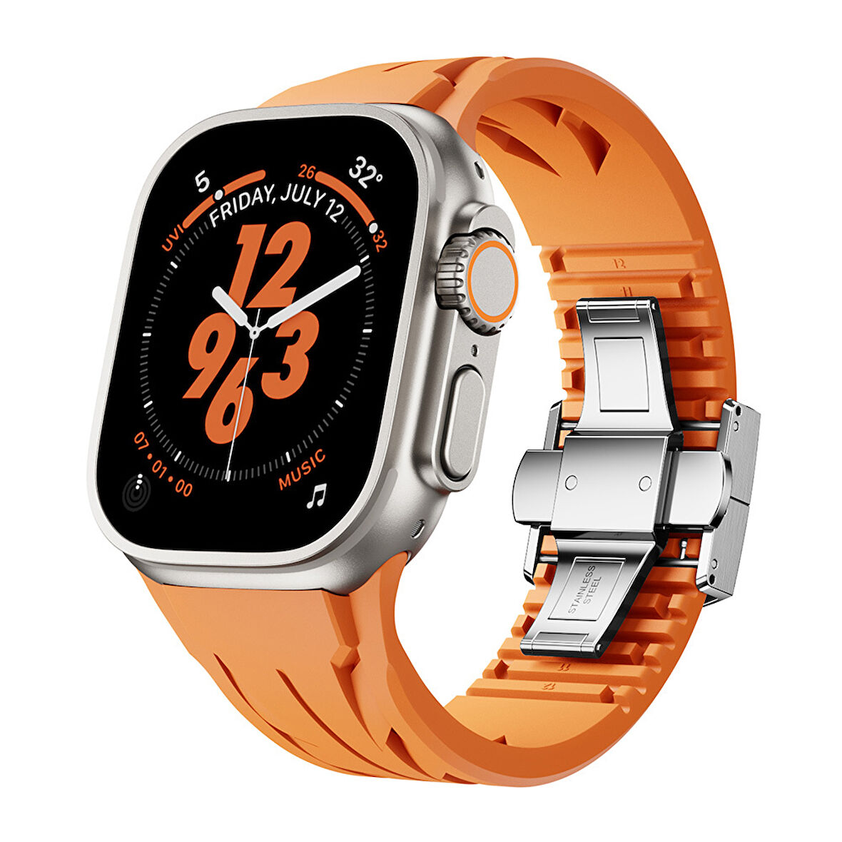 Apple Watch Ultra 49mm KRD-127 Metal Tokalı Silikon Kordon-Turuncu