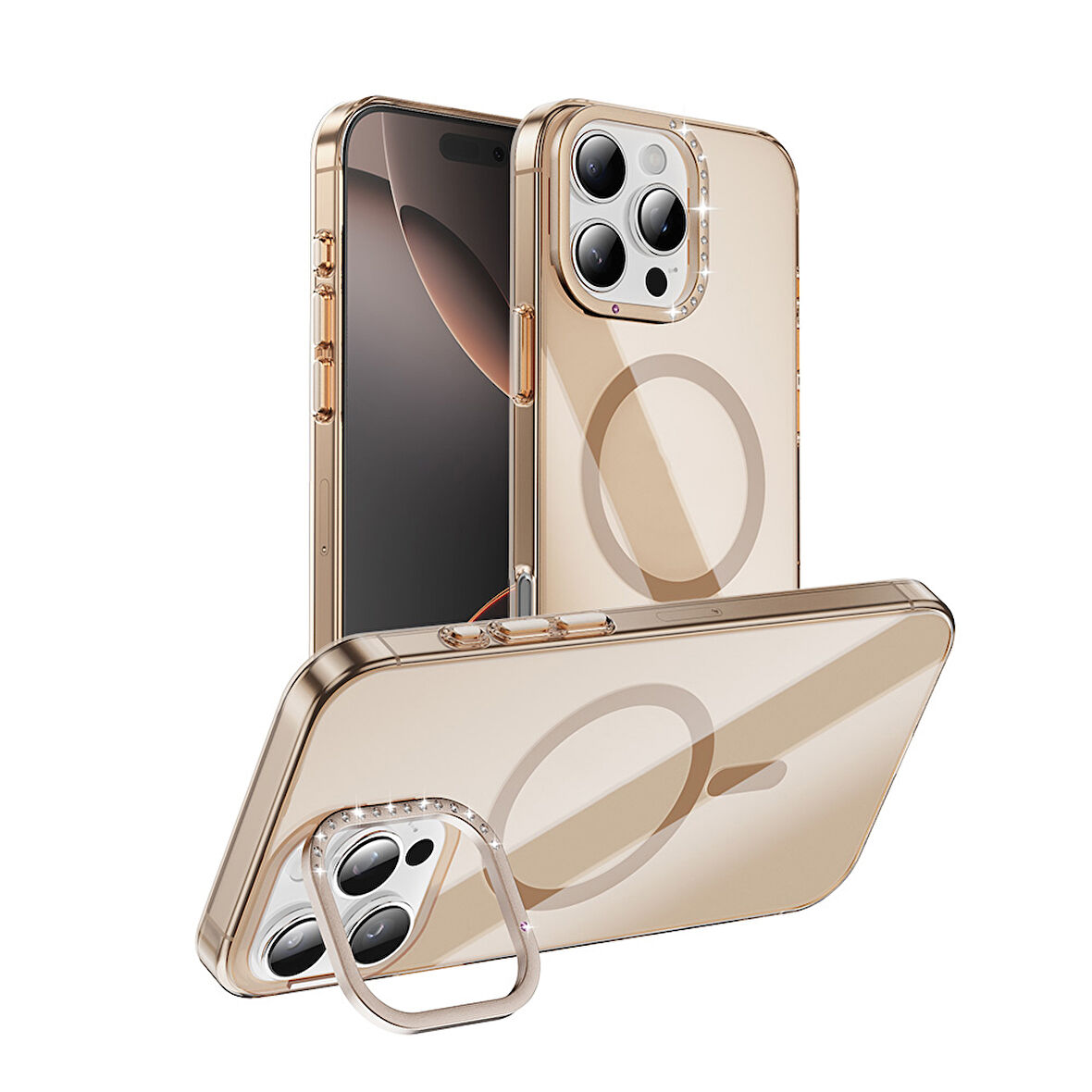 iPhone 16 Pro Kılıf Magsafe Şarj Özellikli Kamera Standlı Zore Estop Kapak-Gold