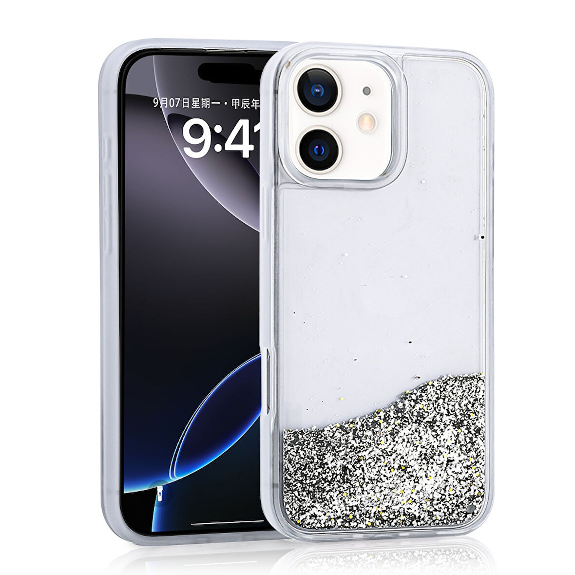 iPhone 12 Uyumlu Kılıf Sıvılı Simli Şeffaf Arka Yüzey Zore Keto Silikon Kapak-Gümüş