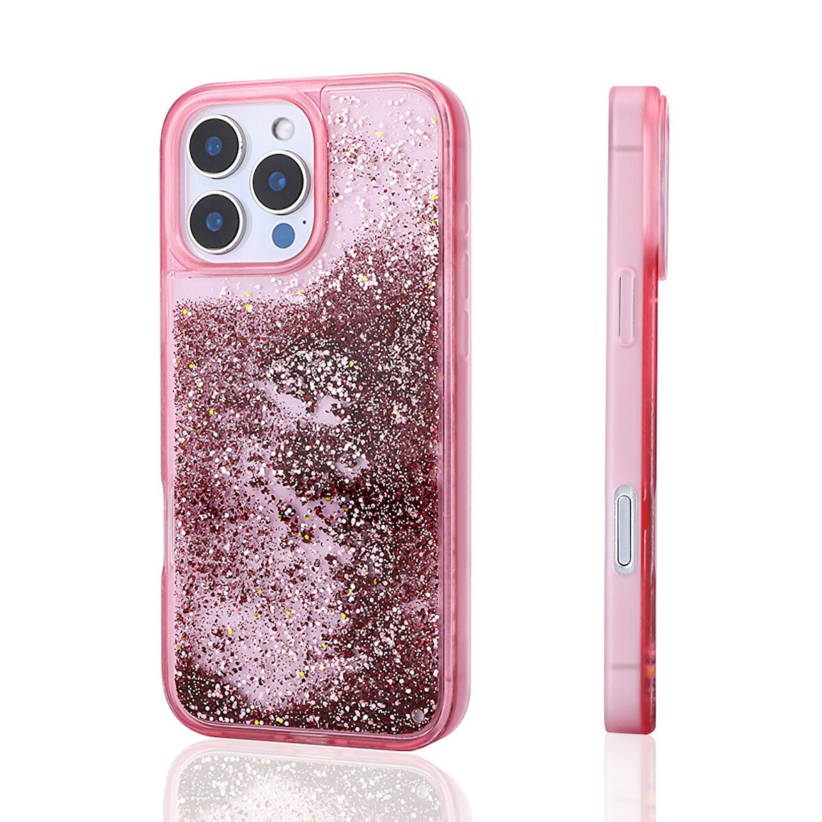 iPhone 12 Pro Uyumlu Kılıf Sıvılı Simli Şeffaf Arka Yüzey Zore Keto Silikon Kapak-Pembe