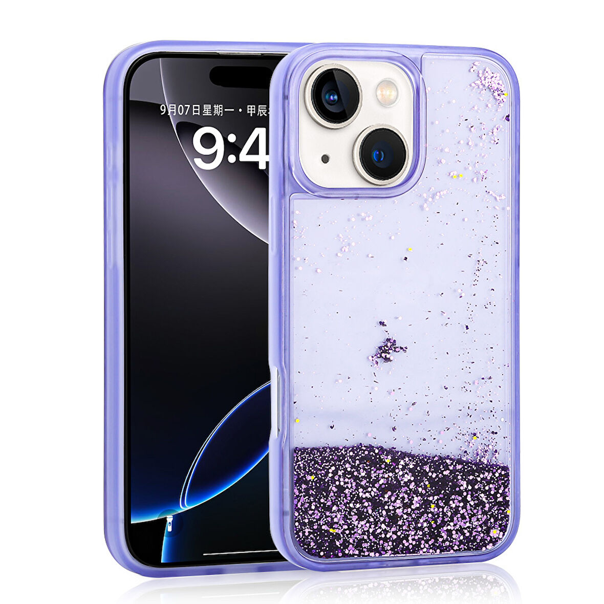 iPhone 14 Uyumlu Kılıf Sıvılı Simli Şeffaf Arka Yüzey Zore Keto Silikon Kapak-Mor