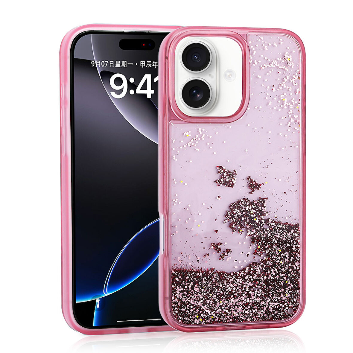 iPhone 16 Uyumlu Kılıf Sıvılı Simli Şeffaf Arka Yüzey Zore Keto Silikon Kapak-Pembe