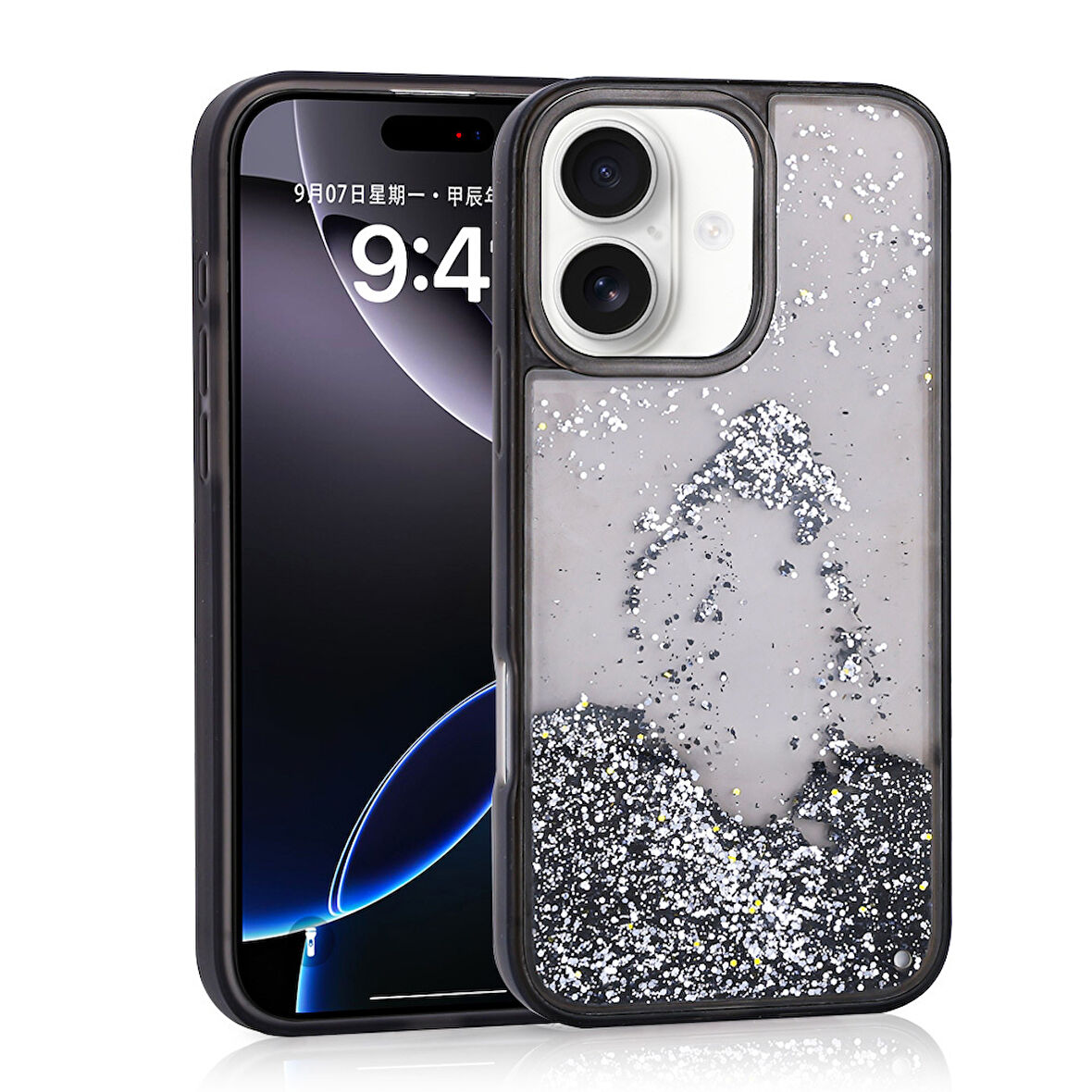 iPhone 16 Uyumlu Kılıf Sıvılı Simli Şeffaf Arka Yüzey Zore Keto Silikon Kapak-Siyah