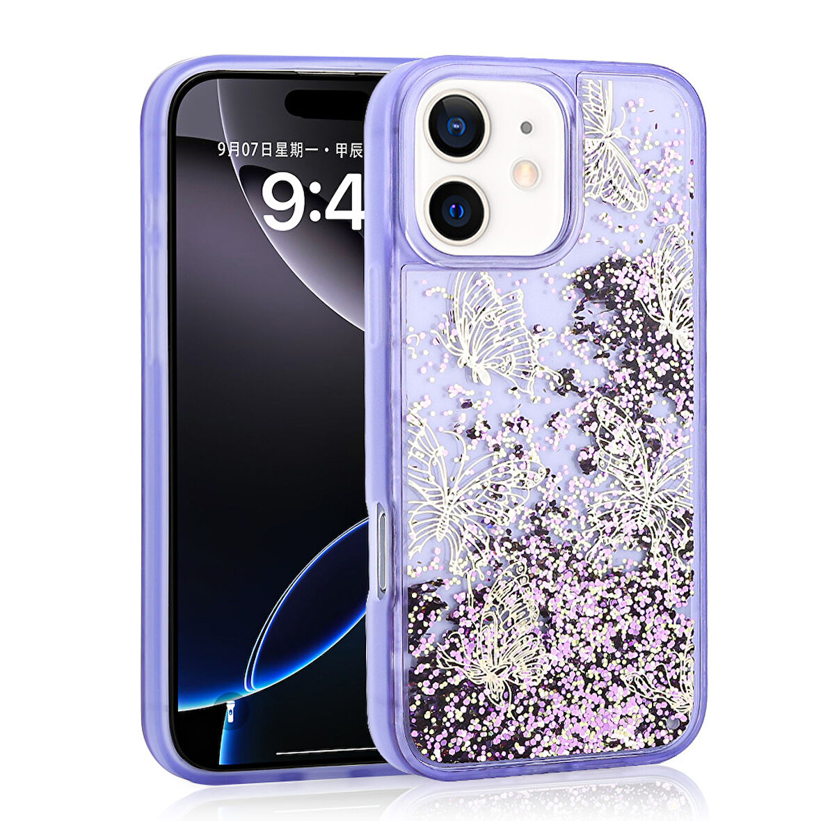 iPhone 11 Kılıf Sıvılı Simli Kelebek Baskılı Şeffaf Arka Yüzey Glis Silikon Kapak