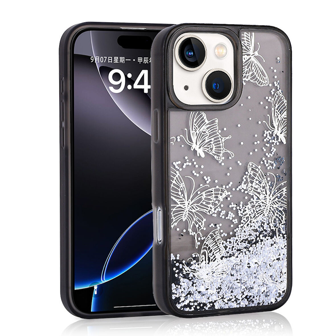 iPhone 14 Uyumlu Kılıf Sıvılı Simli Kelebek Baskılı Şeffaf Arka Yüzey Zore Glis Silikon Kapak-Siyah
