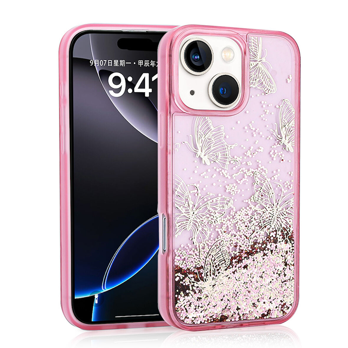 iPhone 15 Uyumlu Kılıf Sıvılı Simli Kelebek Baskılı Şeffaf Arka Yüzey Zore Glis Silikon Kapak-Pembe