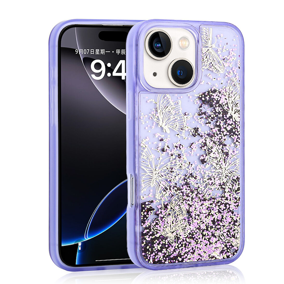 iPhone 15 Uyumlu Kılıf Sıvılı Simli Kelebek Baskılı Şeffaf Arka Yüzey Zore Glis Silikon Kapak-Mor