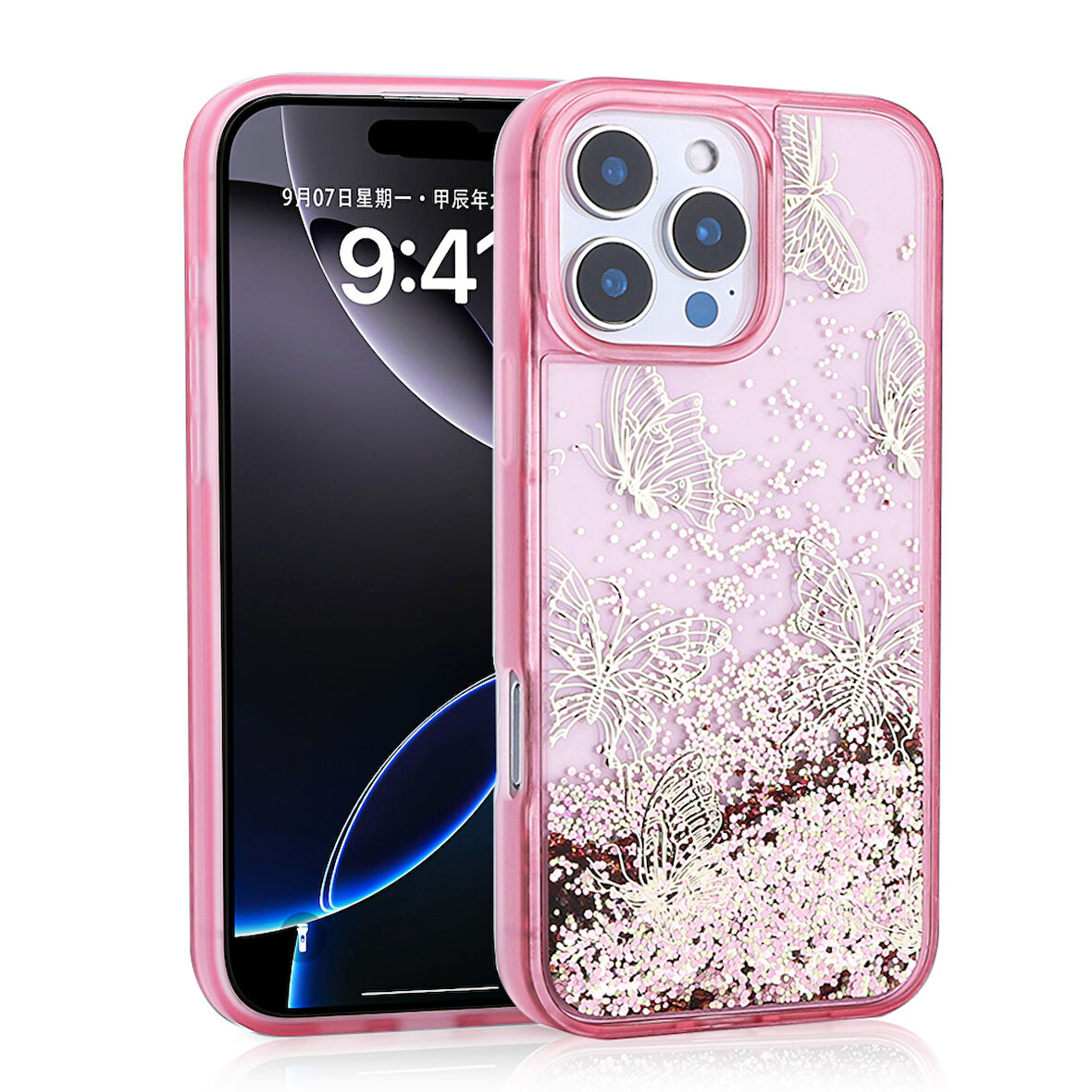 iPhone 15 Pro Max Kılıf Sıvılı Simli Kelebek Baskılı Şeffaf Arka Yüzey Glis Silikon Kapak
