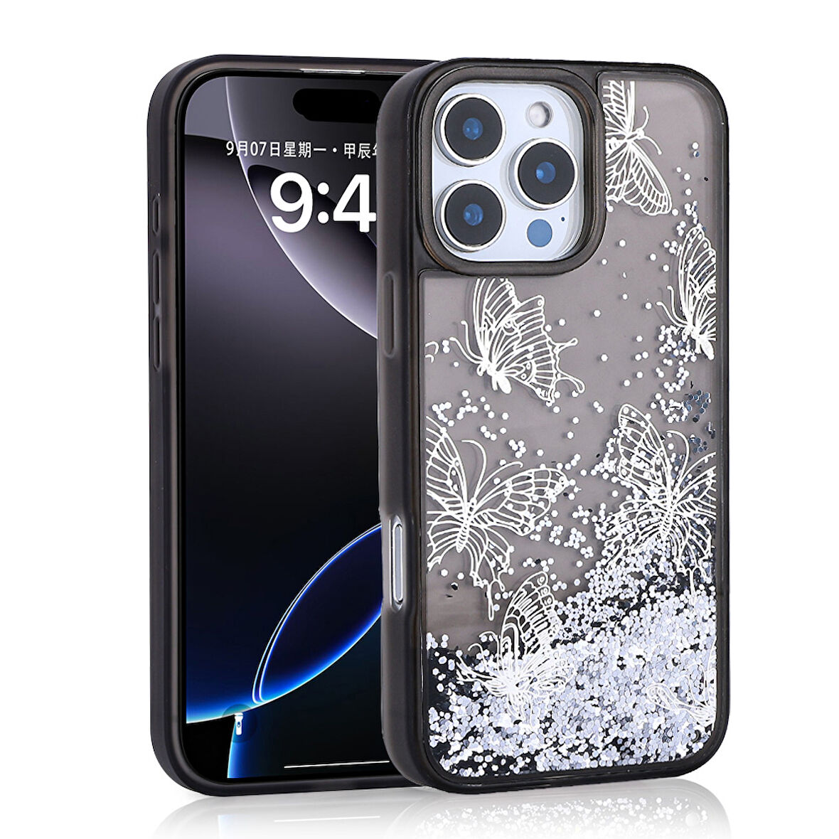 iPhone 16 Pro Max Uyumlu Kılıf Sıvılı Simli Kelebek Baskılı Şeffaf Arka Yüzey Zore Glis Silikon Kapa