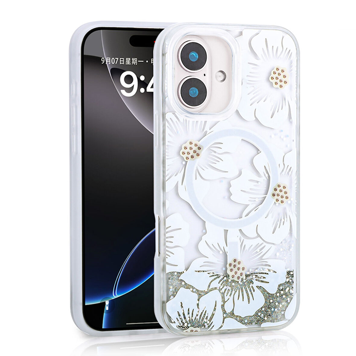 iPhone 16 Uyumlu Kılıf Sıvılı Simli Baskılı Şeffaf Arka Yüzey Zore Mossa Silikon Kapak-Gri